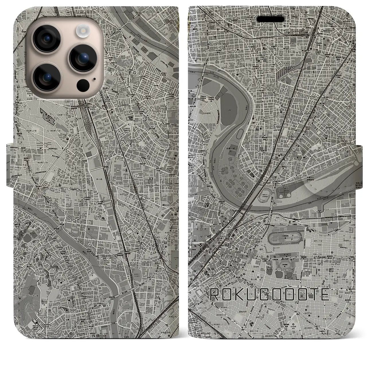 【六郷土手(東京都)】地図柄iPhoneケース(手帳タイプ)モノトーン・iPhone 16 Plus 用