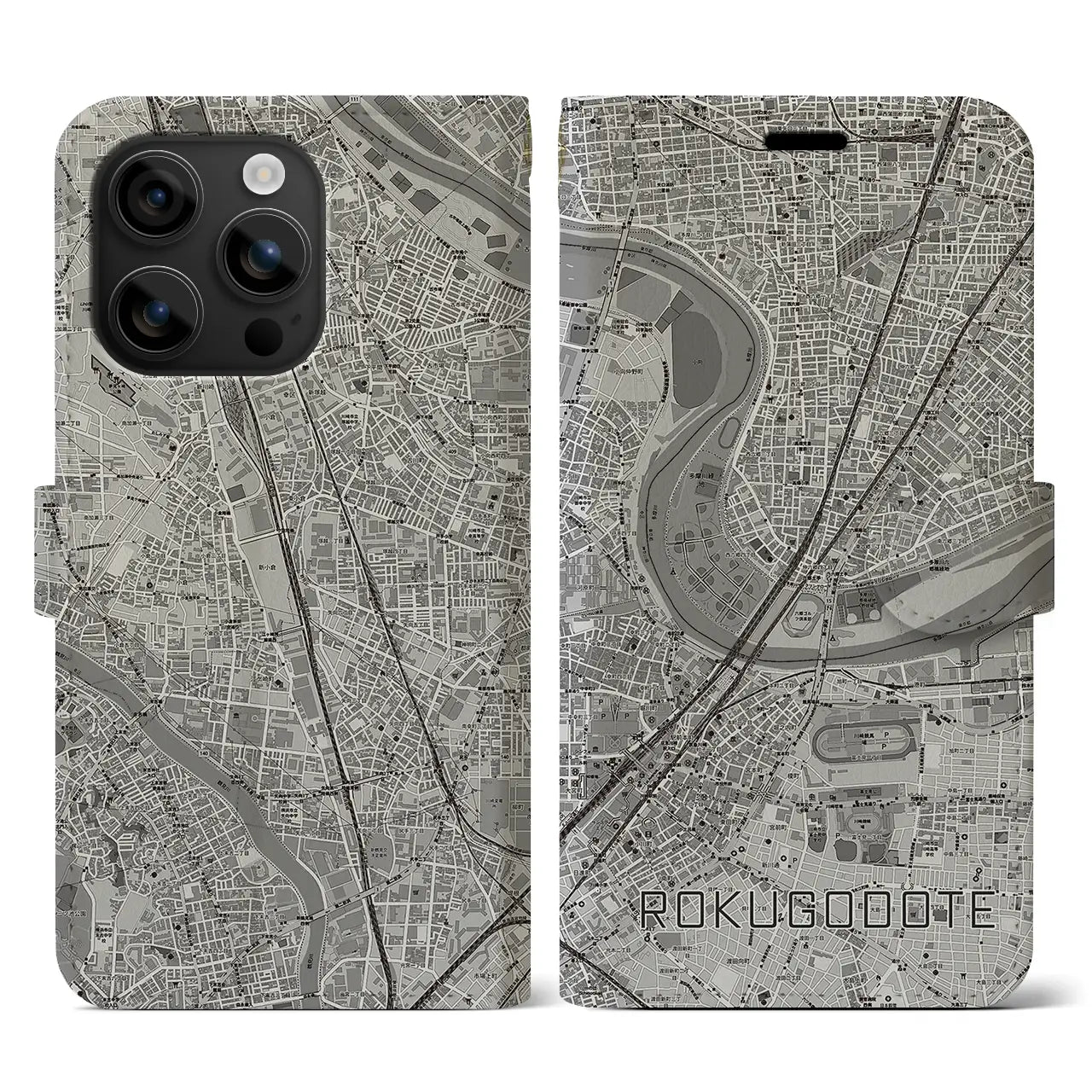 【六郷土手(東京都)】地図柄iPhoneケース(手帳タイプ)モノトーン・iPhone 16 用