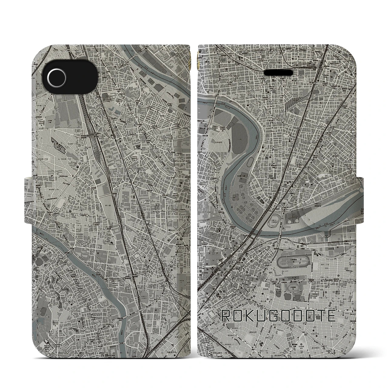 【六郷土手(東京都)】地図柄iPhoneケース(手帳タイプ)モノトーン・iPhone SE(第3 / 第2世代) / 8 / 7 / 6s / 6 用
