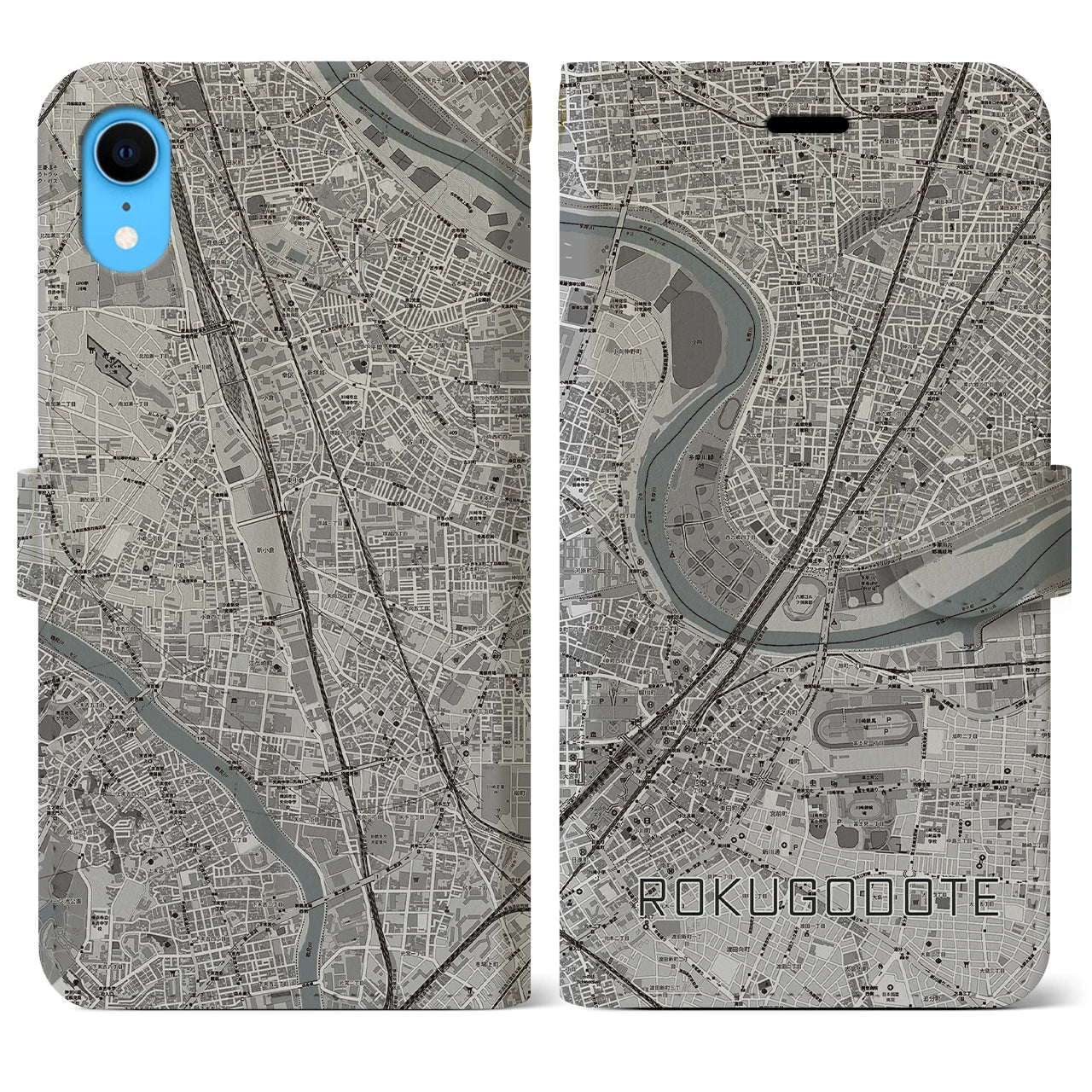 【六郷土手(東京都)】地図柄iPhoneケース(手帳タイプ)モノトーン・iPhone XR 用