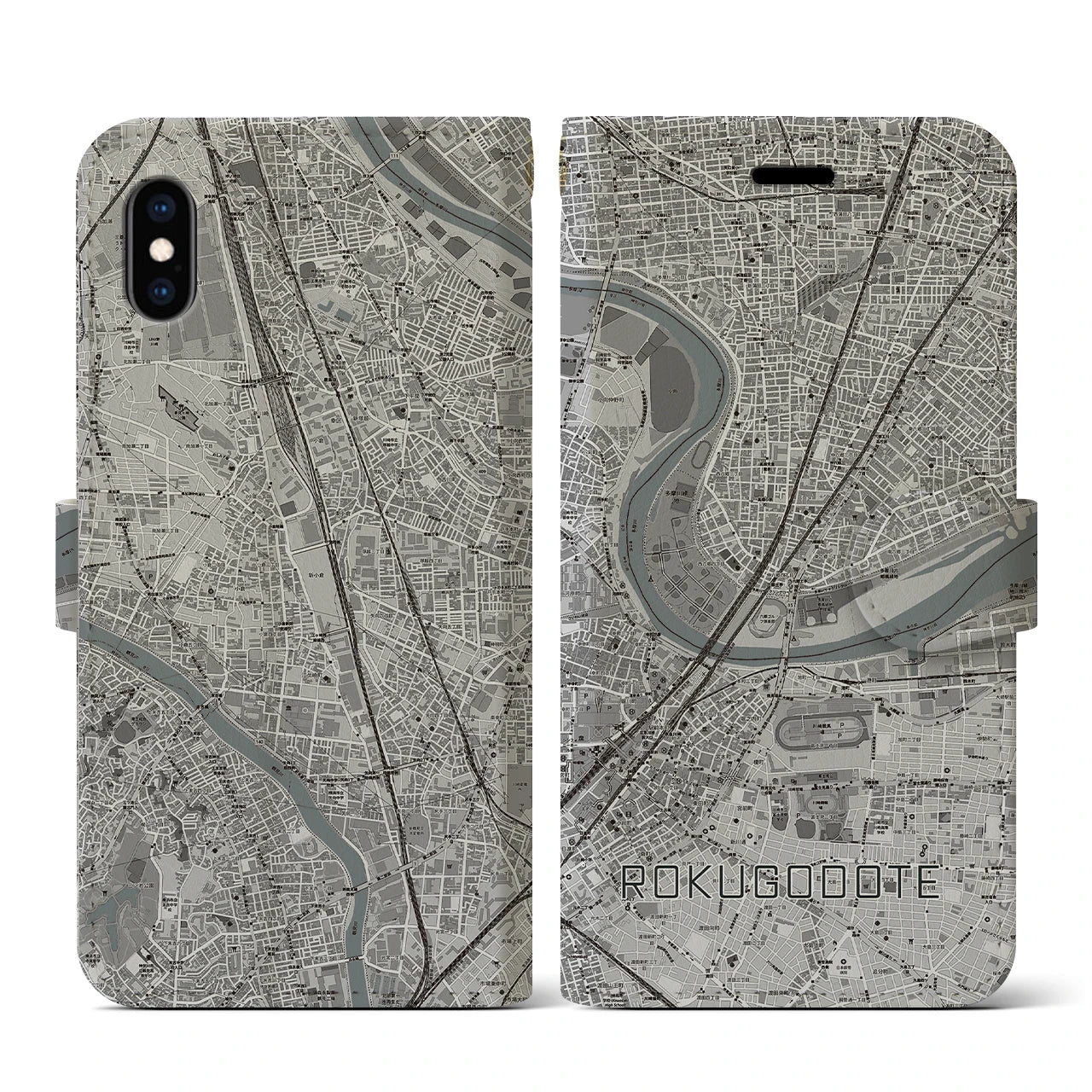 【六郷土手(東京都)】地図柄iPhoneケース(手帳タイプ)モノトーン・iPhone XS / X 用