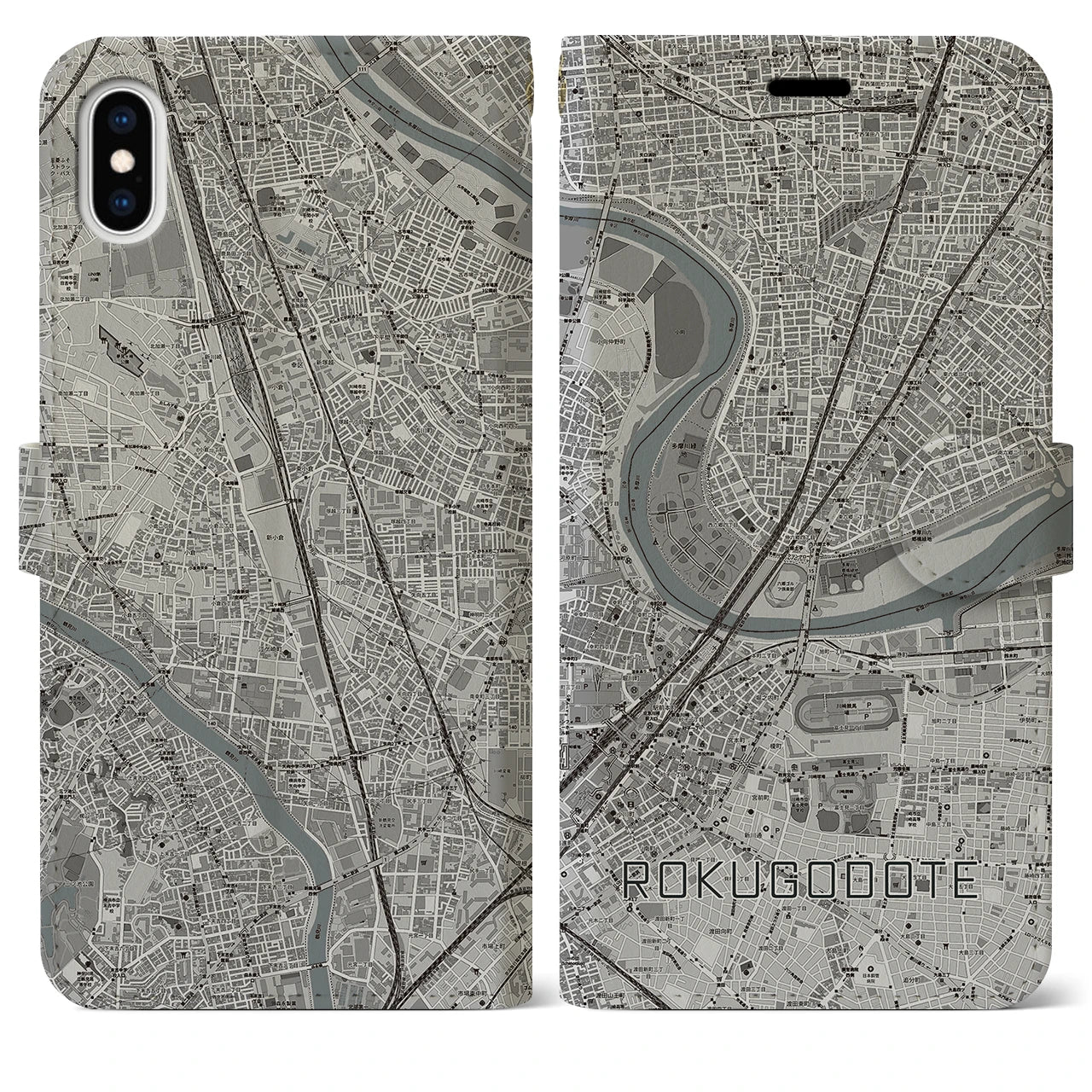 【六郷土手(東京都)】地図柄iPhoneケース(手帳タイプ)モノトーン・iPhone XS Max 用