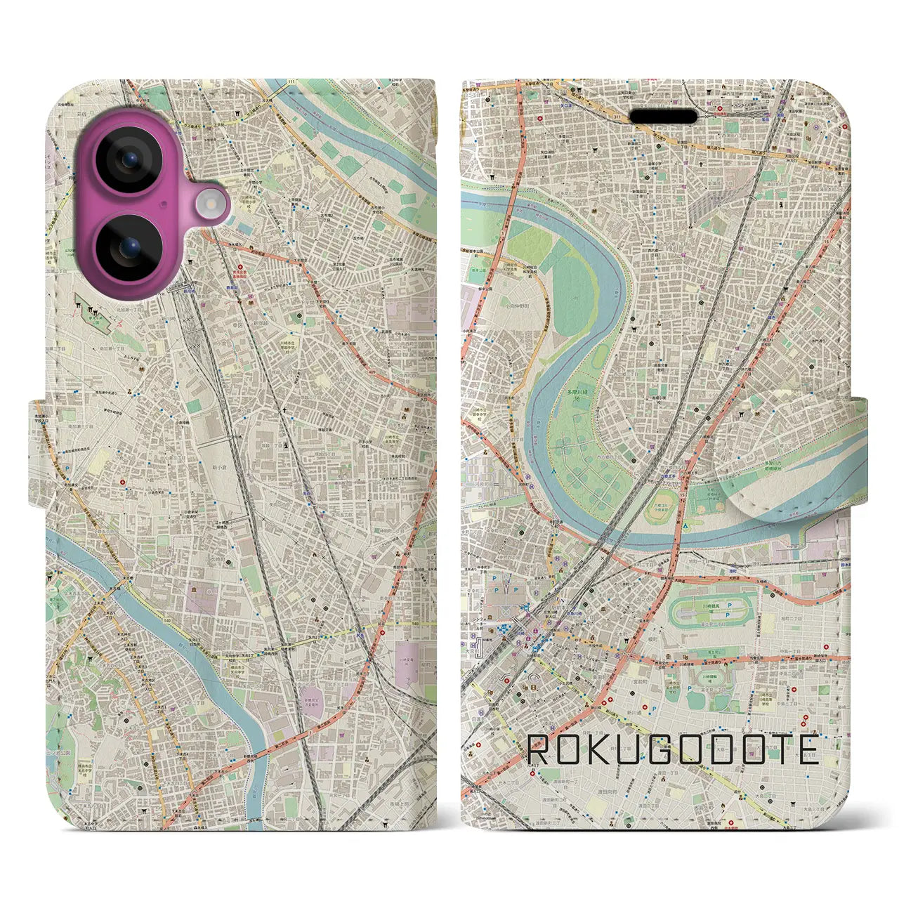 【六郷土手(東京都)】地図柄iPhoneケース(手帳タイプ)ナチュラル・iPhone 16 Pro 用