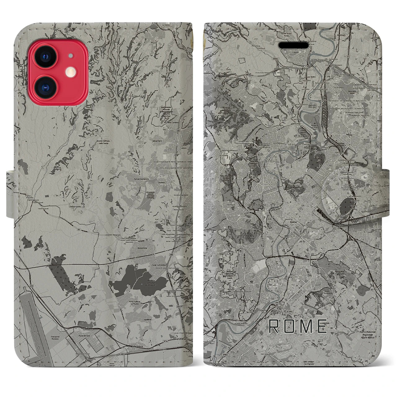 【ローマ(イタリア)】地図柄iPhoneケース(手帳タイプ)モノトーン・iPhone 11 用