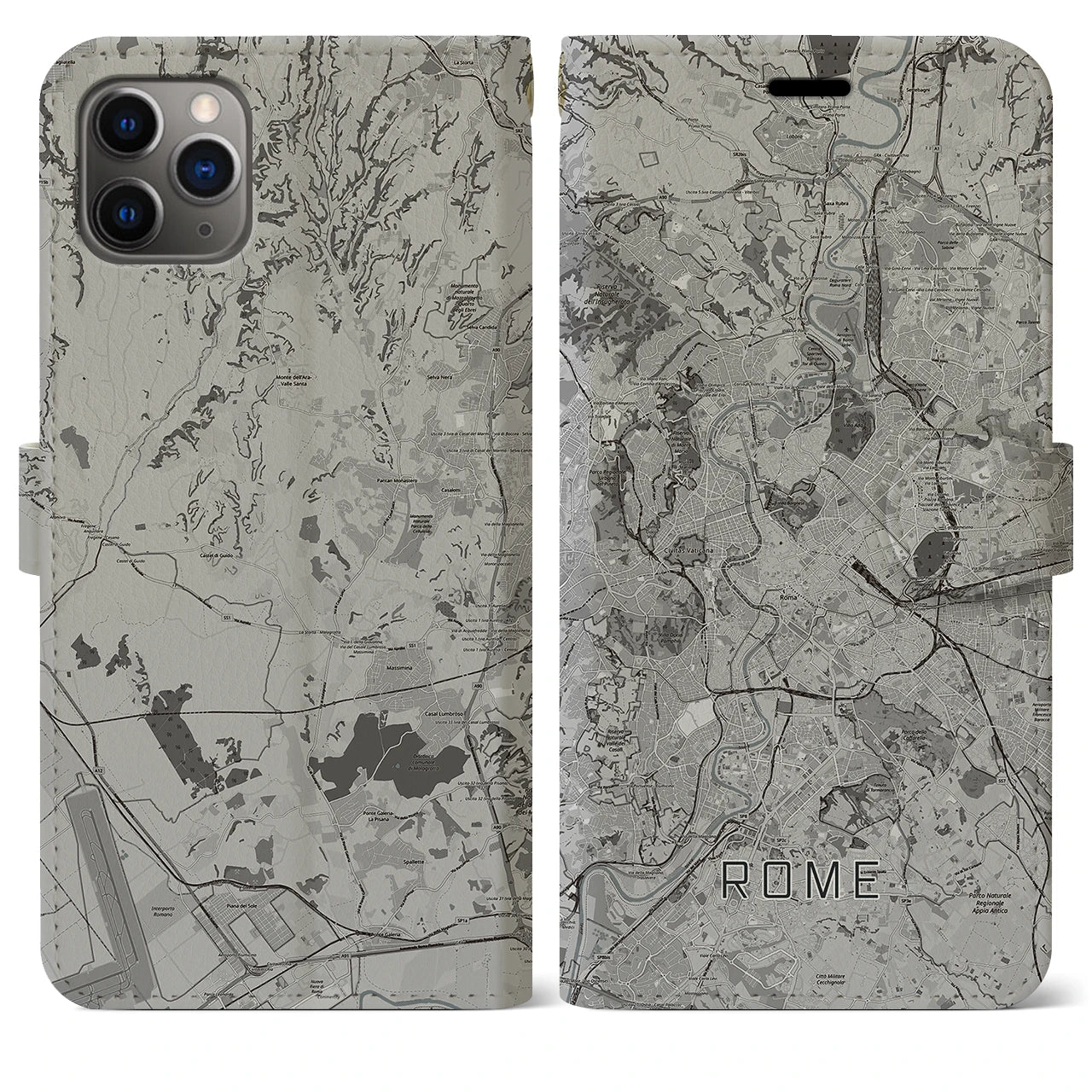 【ローマ(イタリア)】地図柄iPhoneケース(手帳タイプ)モノトーン・iPhone 11 Pro Max 用