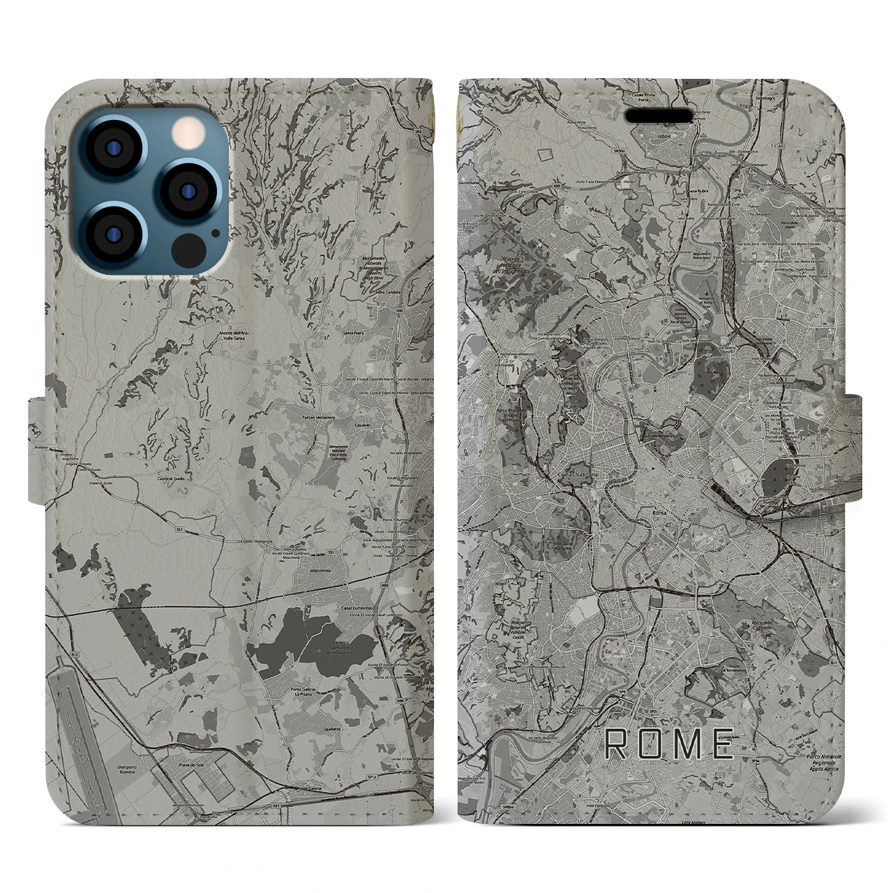 【ローマ(イタリア)】地図柄iPhoneケース(手帳タイプ)モノトーン・iPhone 12 / 12 Pro 用