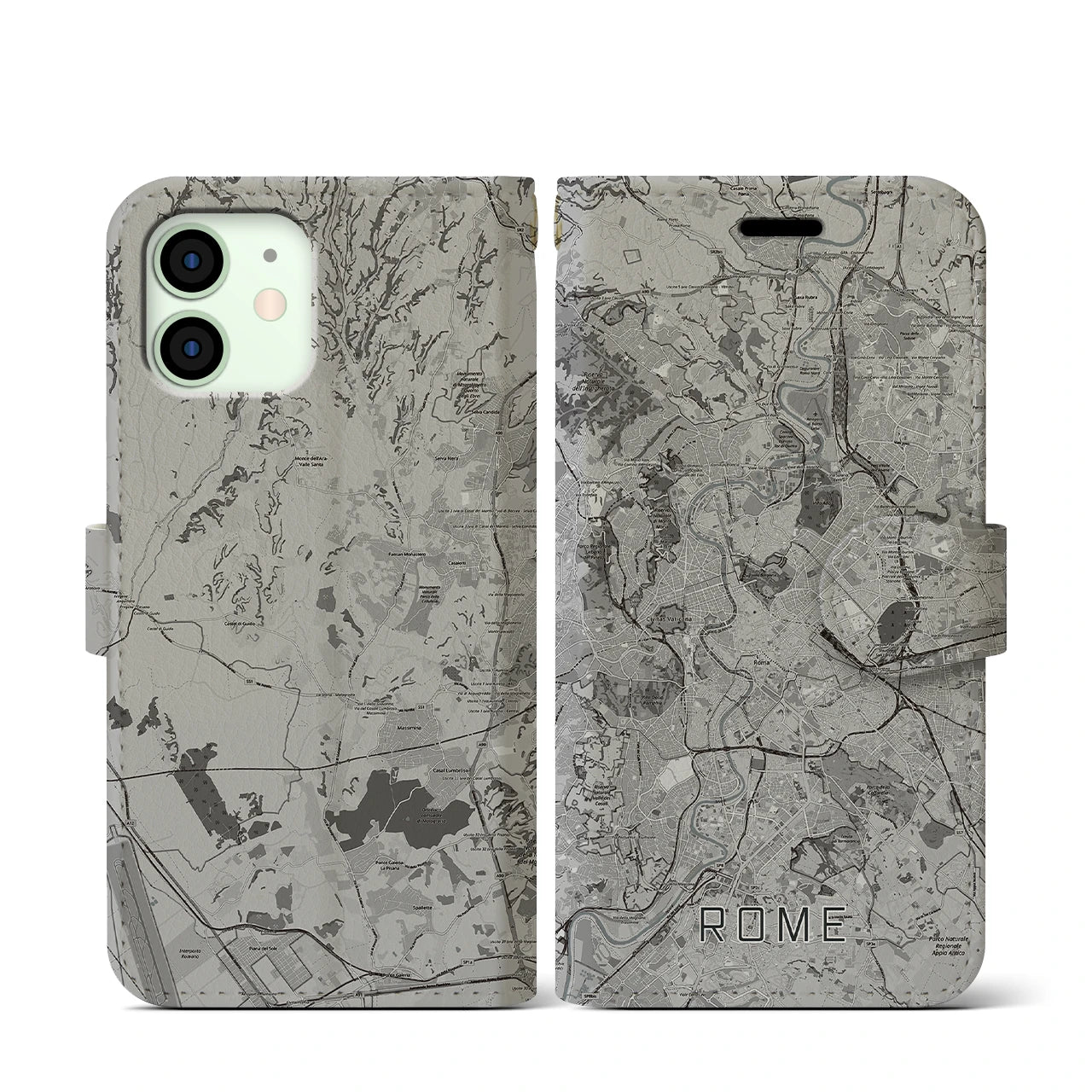 【ローマ(イタリア)】地図柄iPhoneケース(手帳タイプ)モノトーン・iPhone 12 mini 用