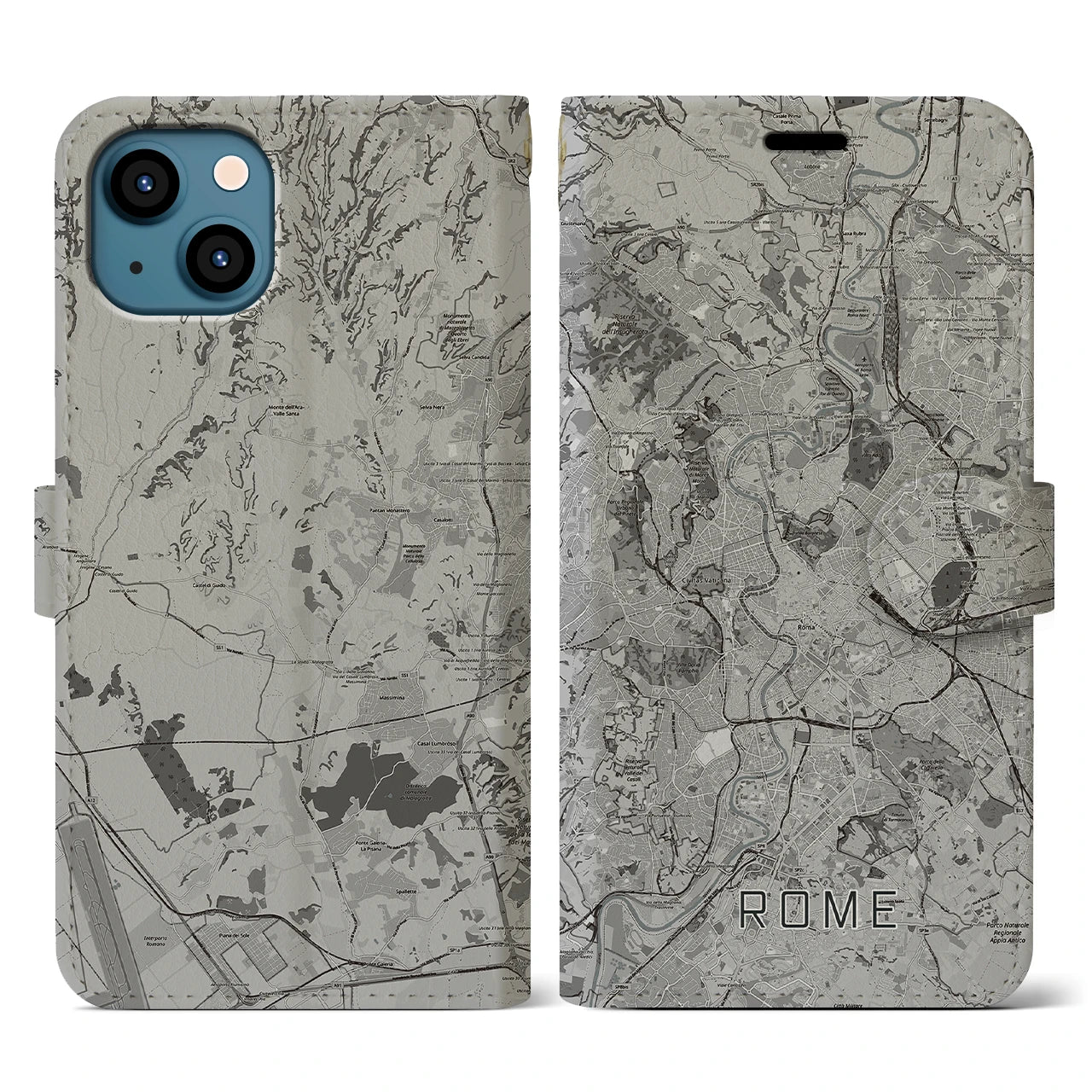 【ローマ(イタリア)】地図柄iPhoneケース(手帳タイプ)モノトーン・iPhone 13 用