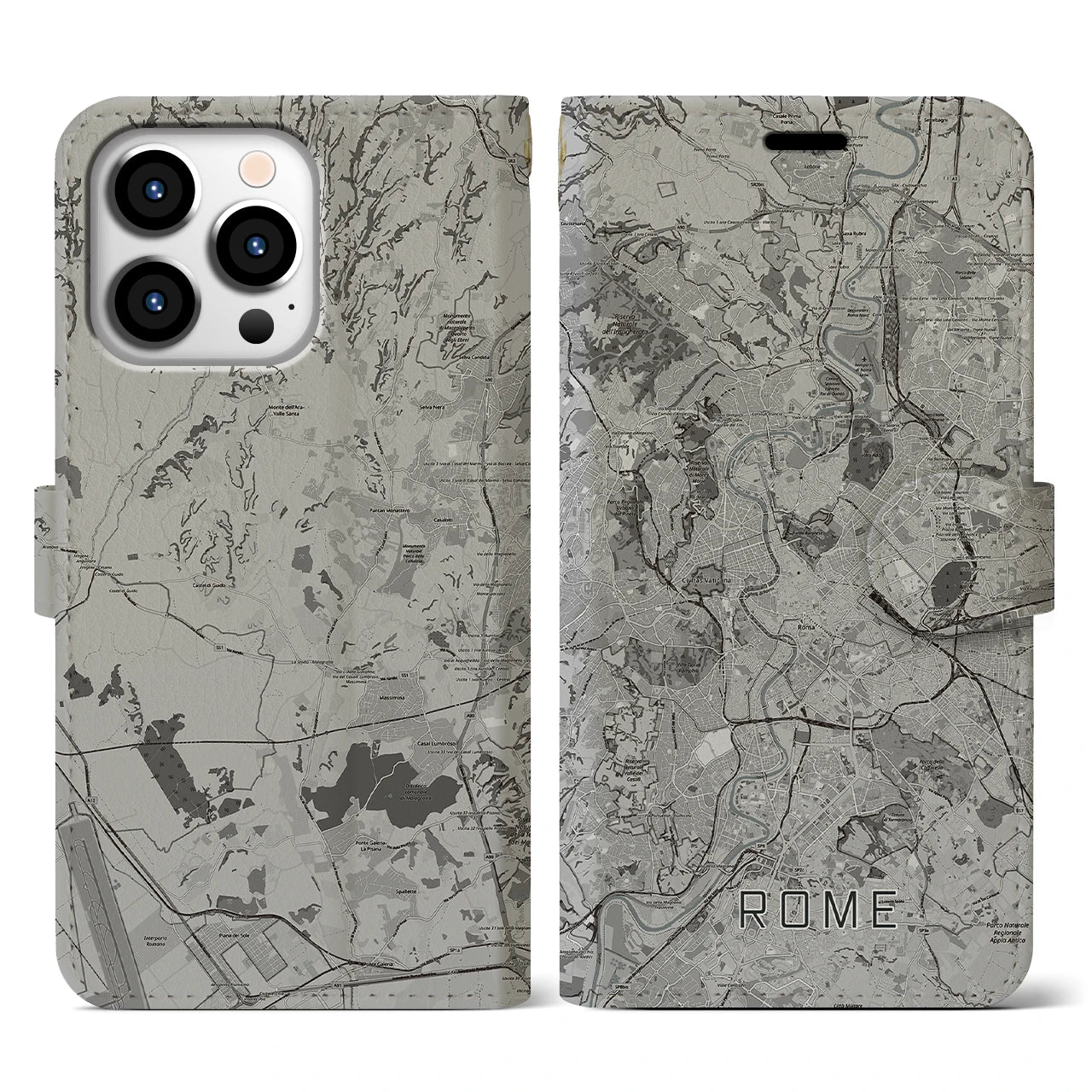 【ローマ(イタリア)】地図柄iPhoneケース(手帳タイプ)モノトーン・iPhone 13 Pro 用