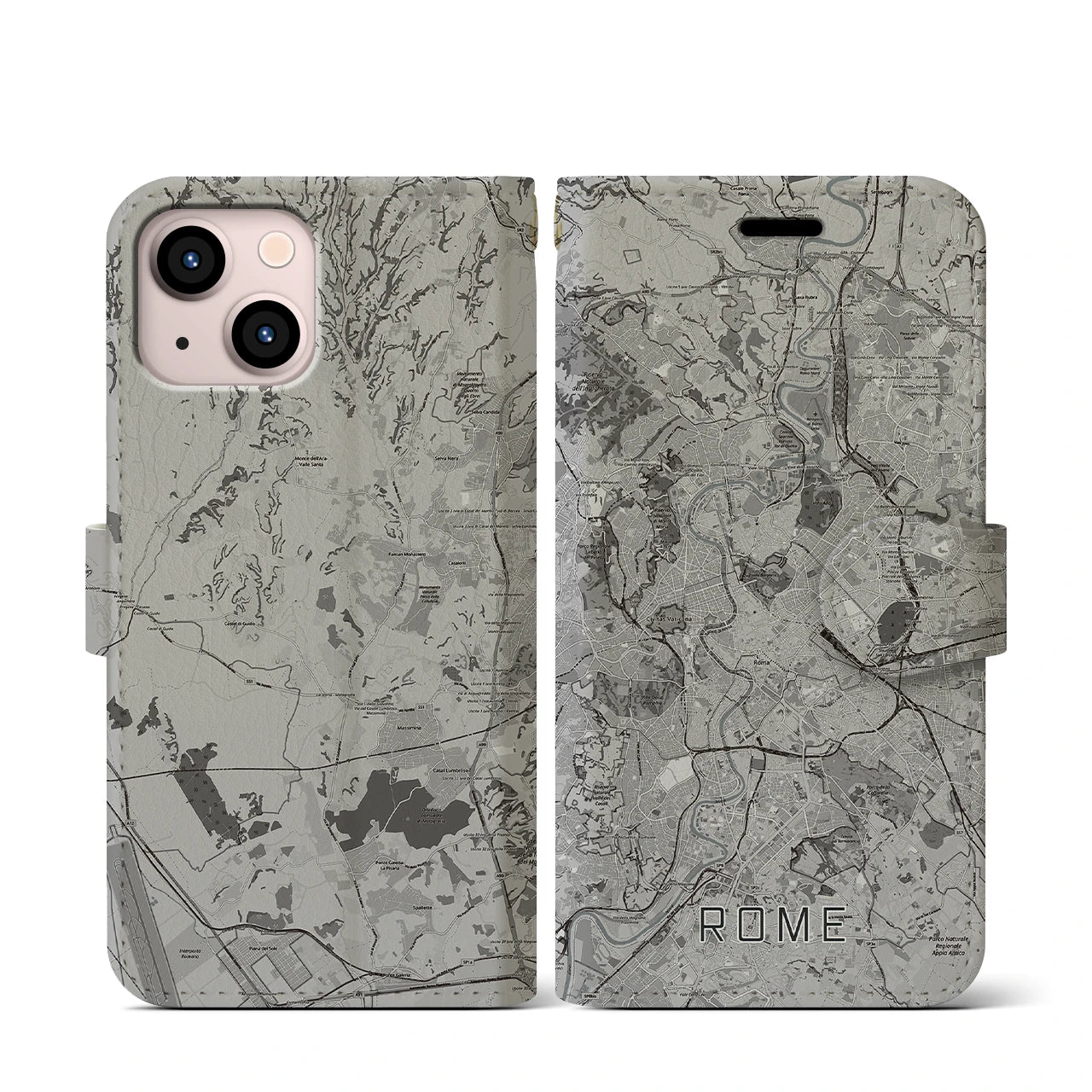 【ローマ(イタリア)】地図柄iPhoneケース(手帳タイプ)モノトーン・iPhone 13 mini 用