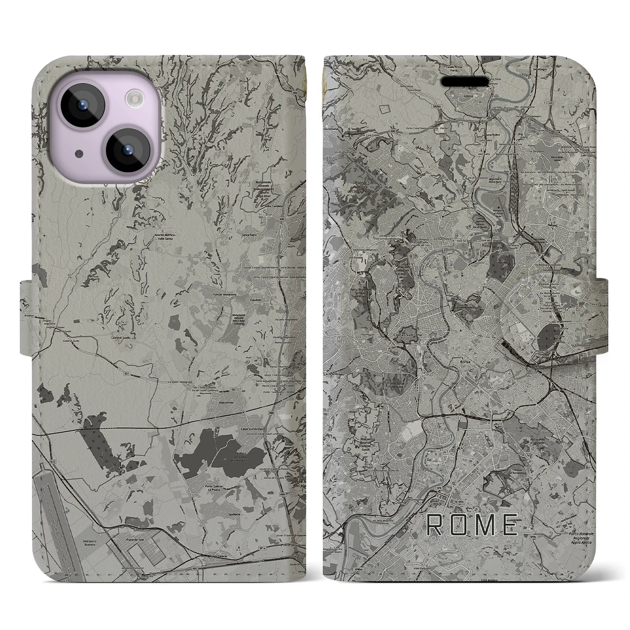 【ローマ(イタリア)】地図柄iPhoneケース(手帳タイプ)モノトーン・iPhone 14 用