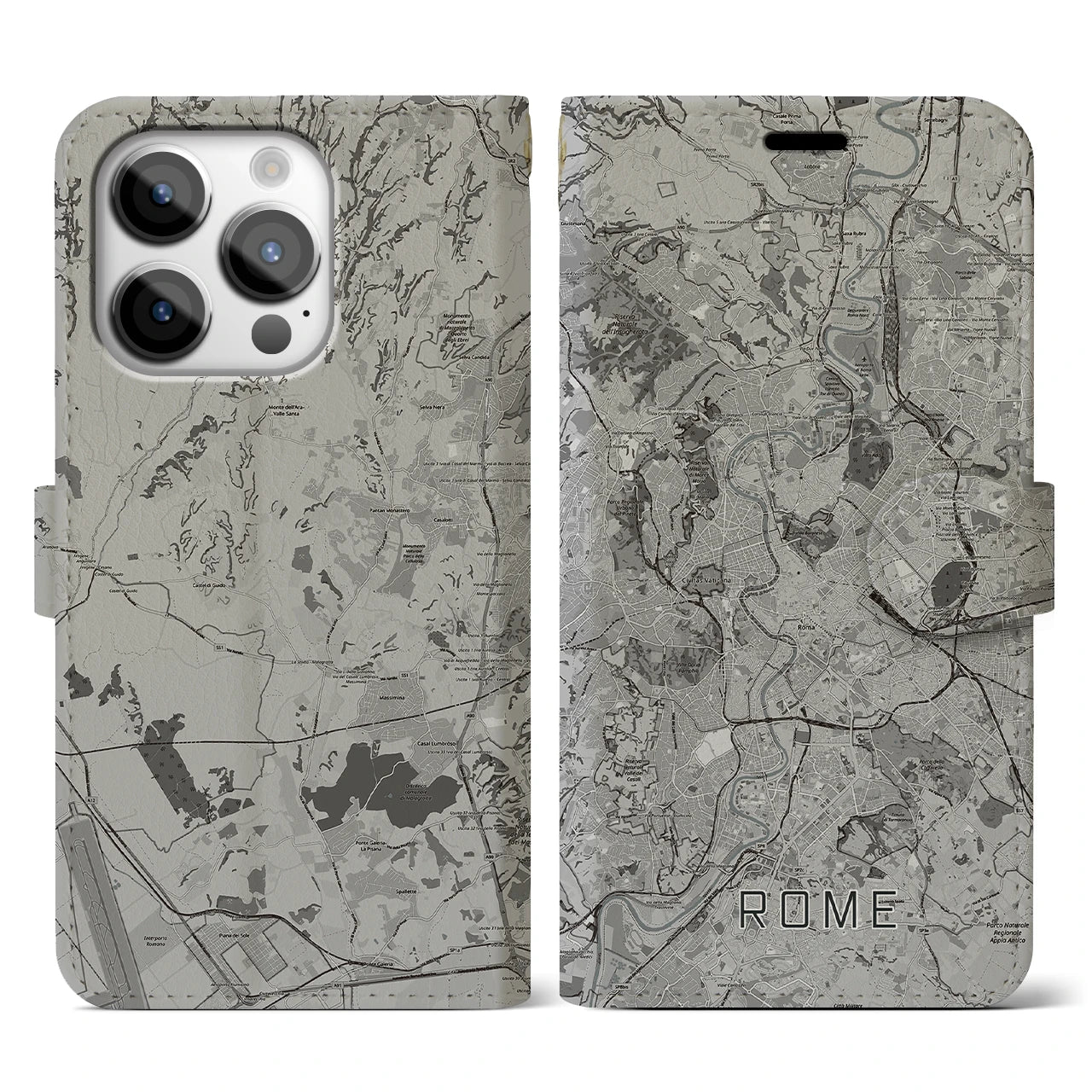 【ローマ(イタリア)】地図柄iPhoneケース(手帳タイプ)モノトーン・iPhone 14 Pro 用