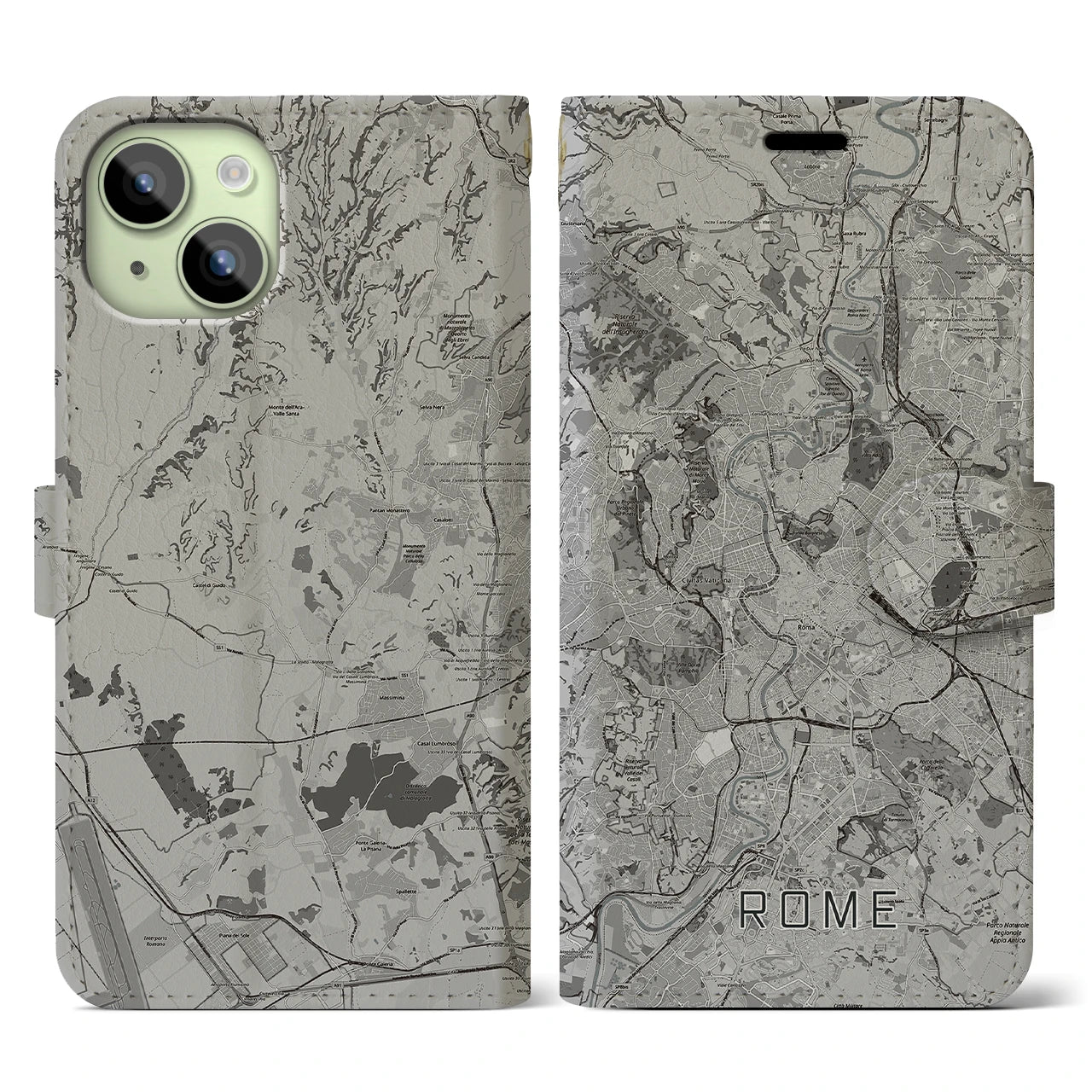 【ローマ(イタリア)】地図柄iPhoneケース(手帳タイプ)モノトーン・iPhone 15 用