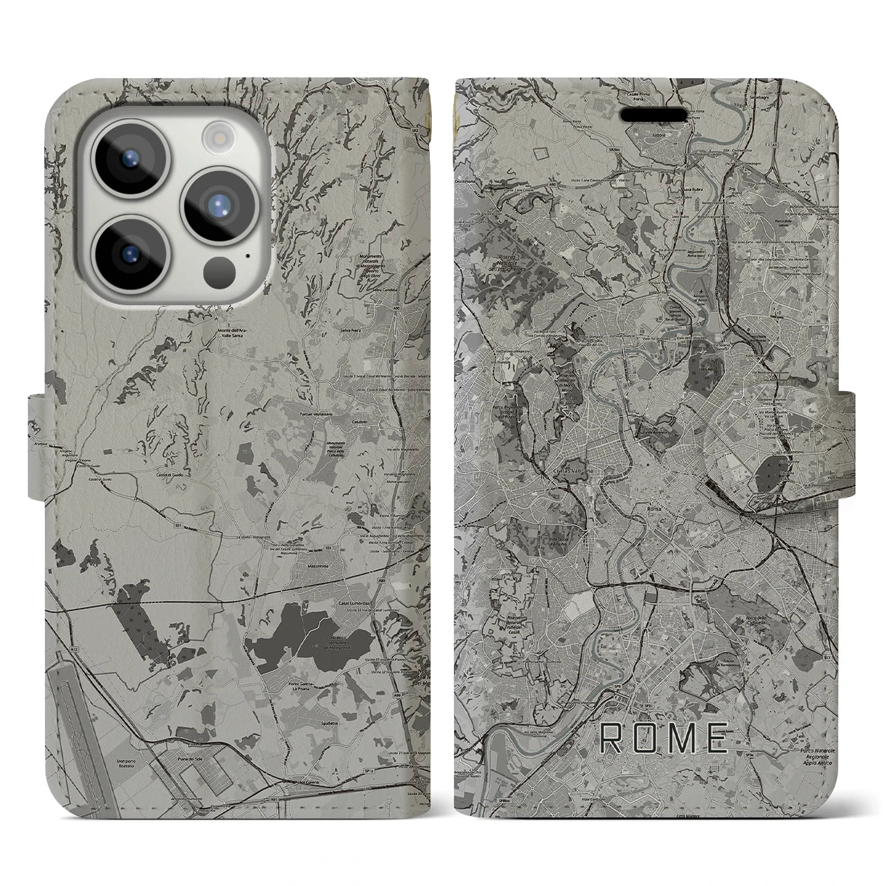【ローマ(イタリア)】地図柄iPhoneケース(手帳タイプ)モノトーン・iPhone 15 Pro 用