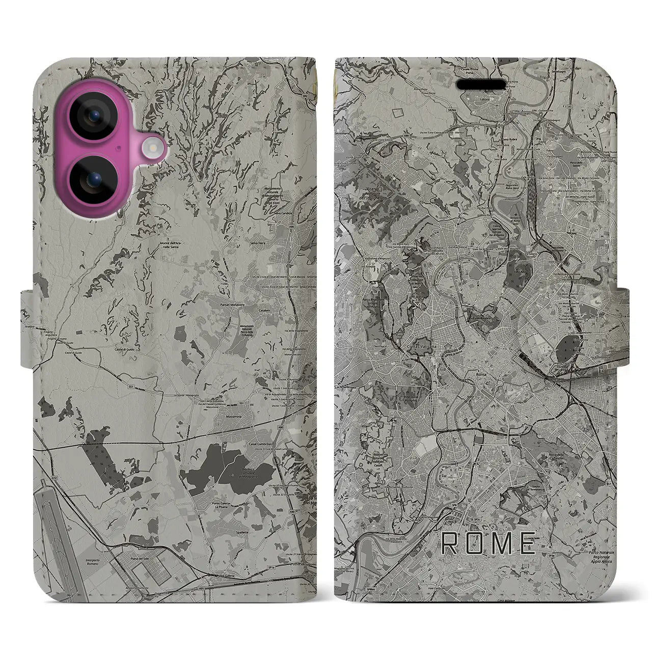 【ローマ(イタリア)】地図柄iPhoneケース(手帳タイプ)モノトーン・iPhone 16 Pro 用