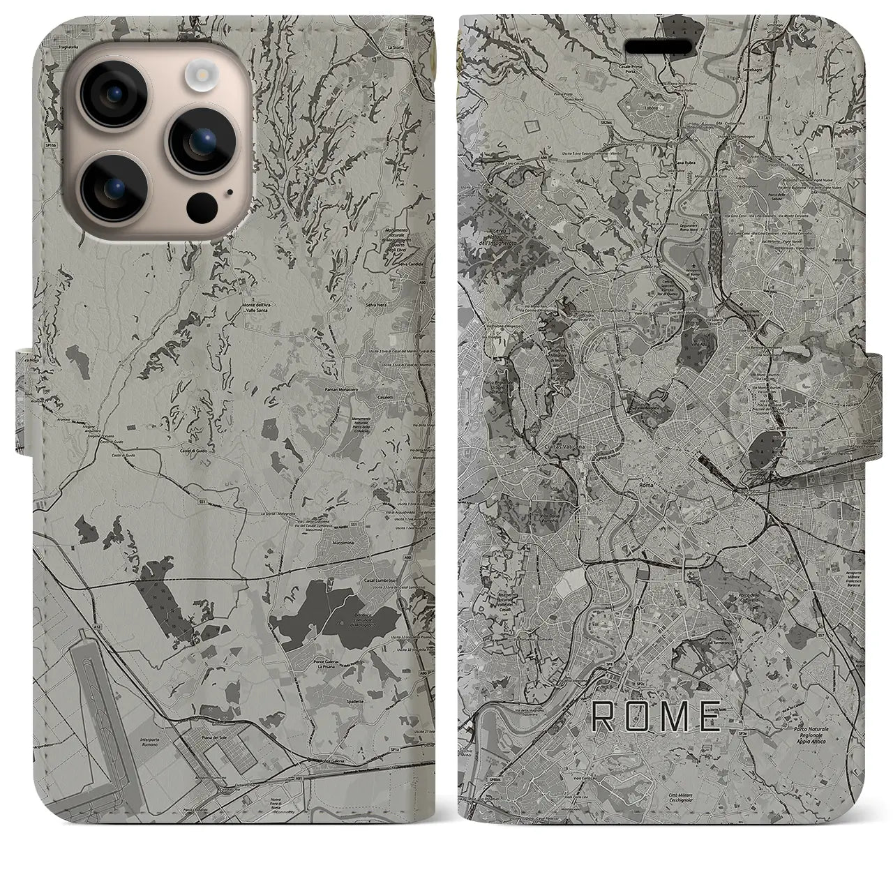 【ローマ(イタリア)】地図柄iPhoneケース(手帳タイプ)モノトーン・iPhone 16 Plus 用