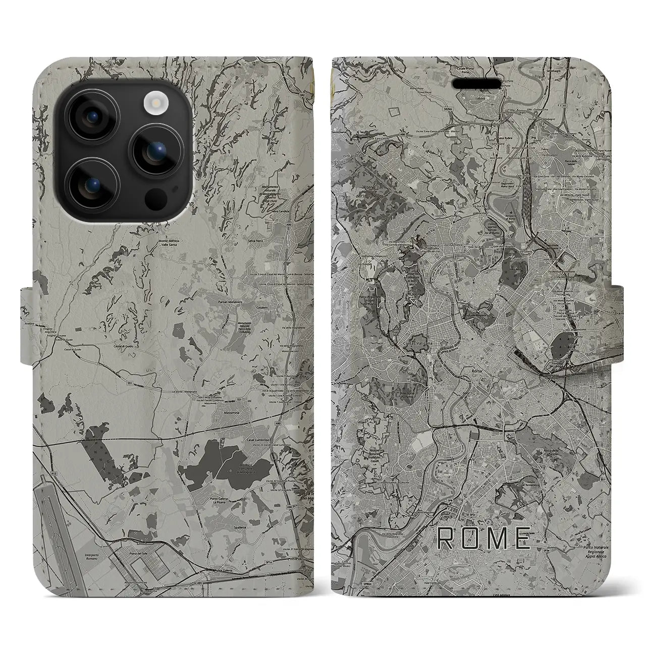 【ローマ(イタリア)】地図柄iPhoneケース(手帳タイプ)モノトーン・iPhone 16 用