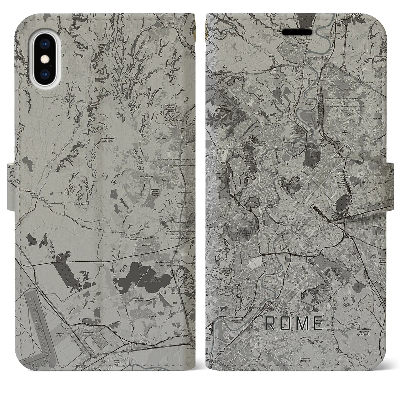 【ローマ(イタリア)】地図柄iPhoneケース(手帳タイプ)モノトーン・iPhone XS Max 用