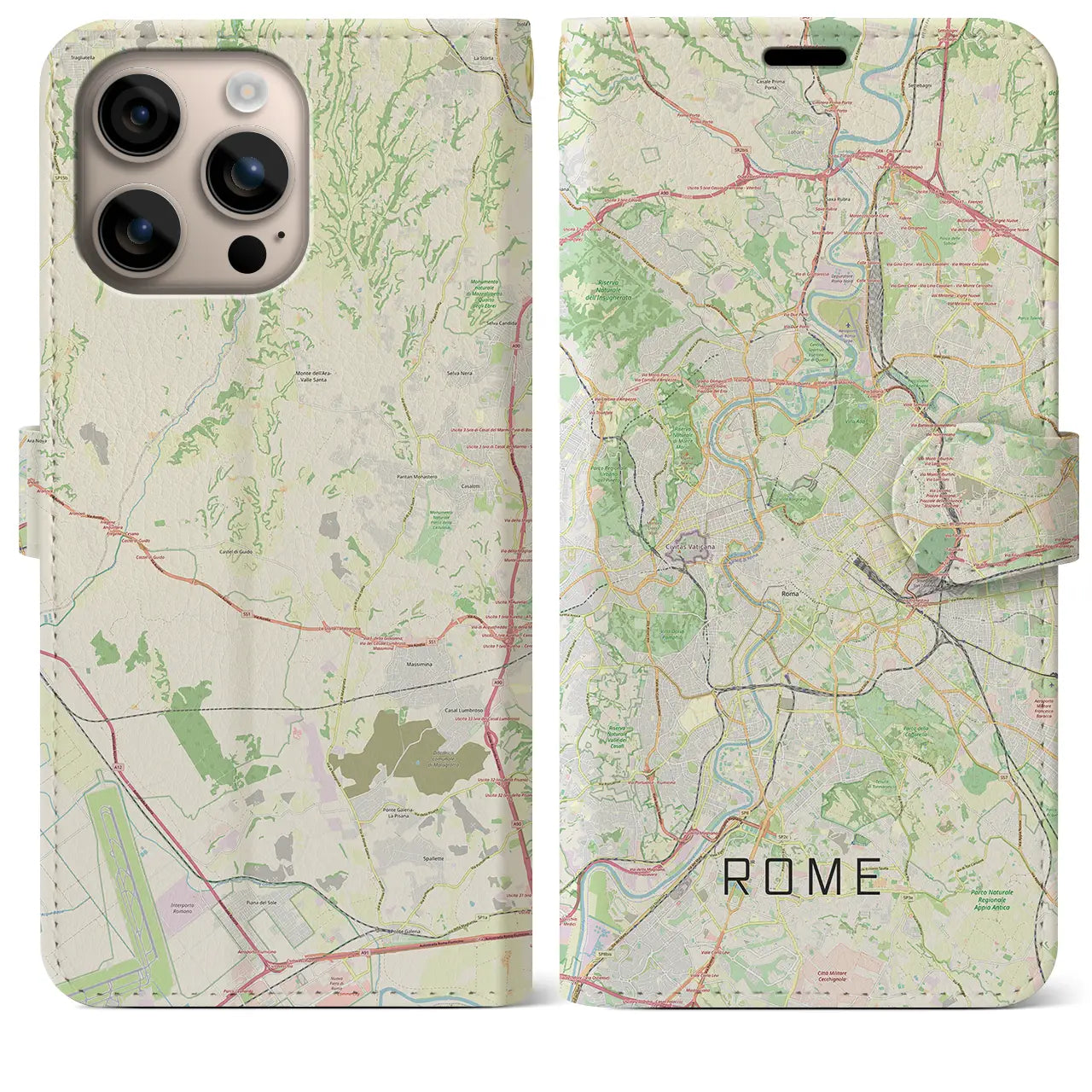 【ローマ(イタリア)】地図柄iPhoneケース(手帳タイプ)ナチュラル・iPhone 16 Plus 用
