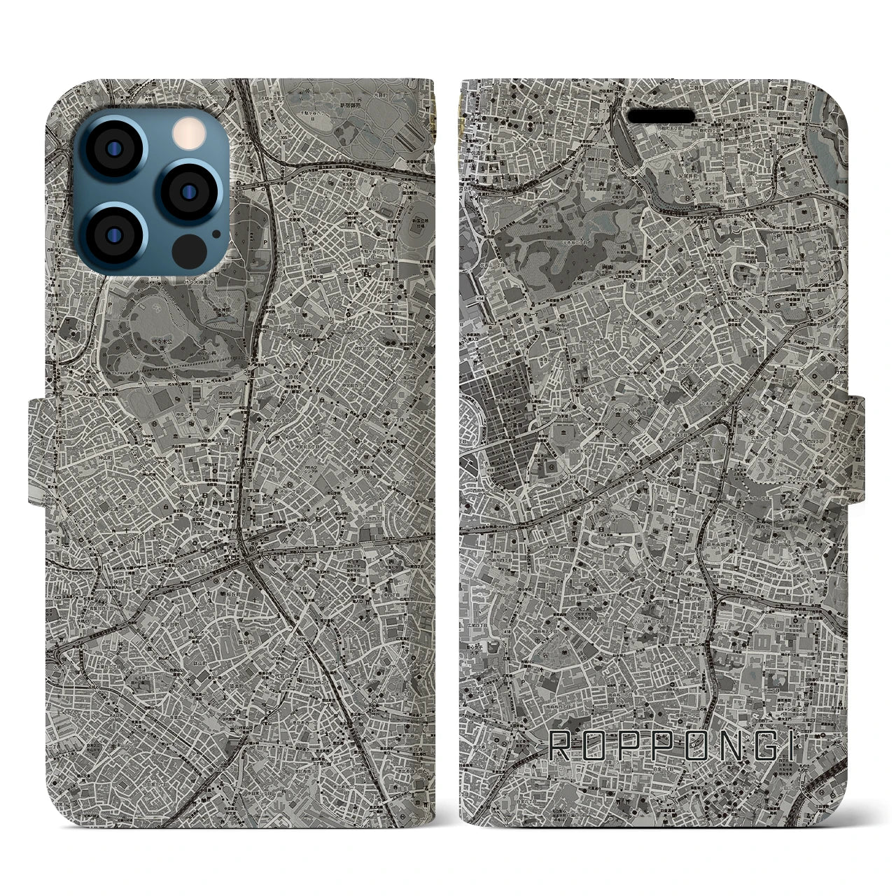 【六本木(東京都)】地図柄iPhoneケース(手帳タイプ)モノトーン・iPhone 12 / 12 Pro 用