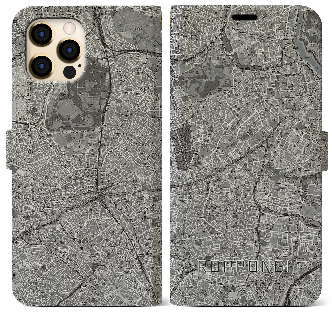 【六本木(東京都)】地図柄iPhoneケース(手帳タイプ)モノトーン・iPhone 12 Pro Max 用