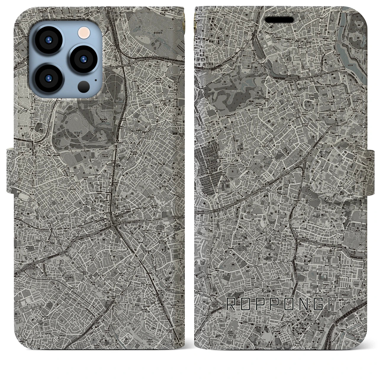【六本木(東京都)】地図柄iPhoneケース(手帳タイプ)モノトーン・iPhone 13 Pro Max 用