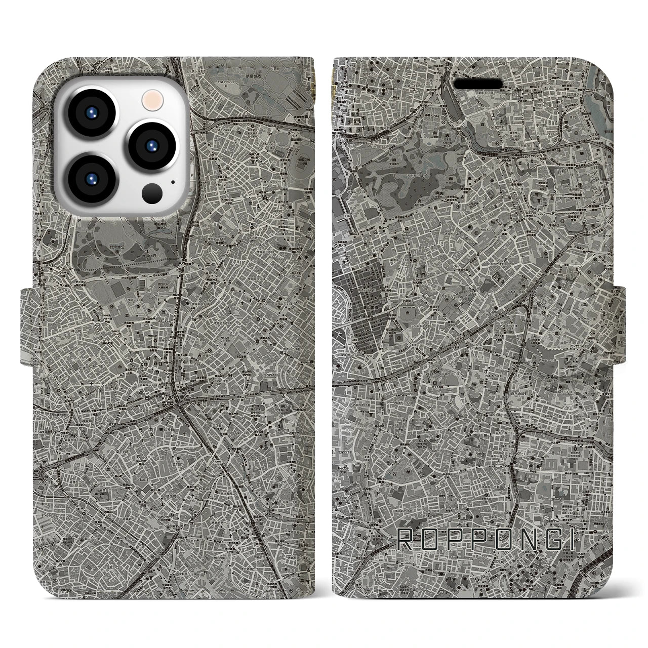 【六本木(東京都)】地図柄iPhoneケース(手帳タイプ)モノトーン・iPhone 13 Pro 用