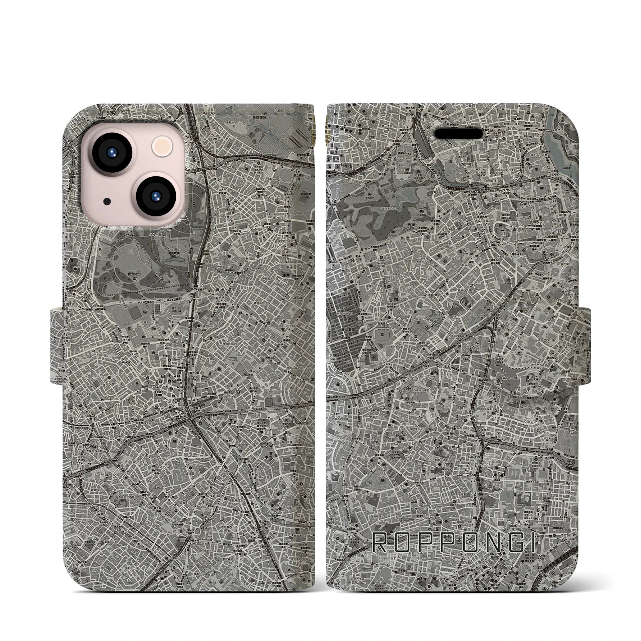 【六本木(東京都)】地図柄iPhoneケース(手帳タイプ)モノトーン・iPhone 13 mini 用