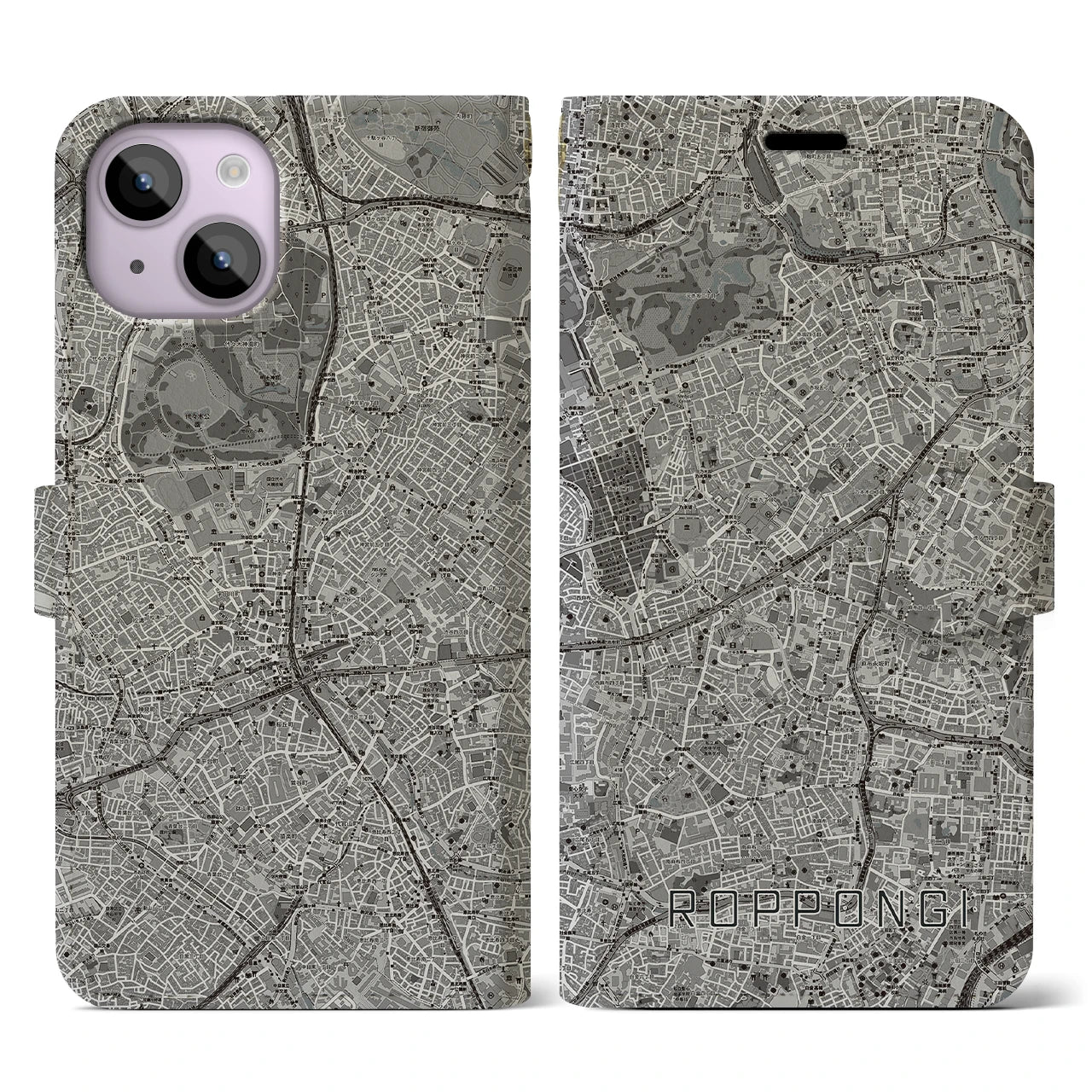 【六本木(東京都)】地図柄iPhoneケース(手帳タイプ)モノトーン・iPhone 14 用