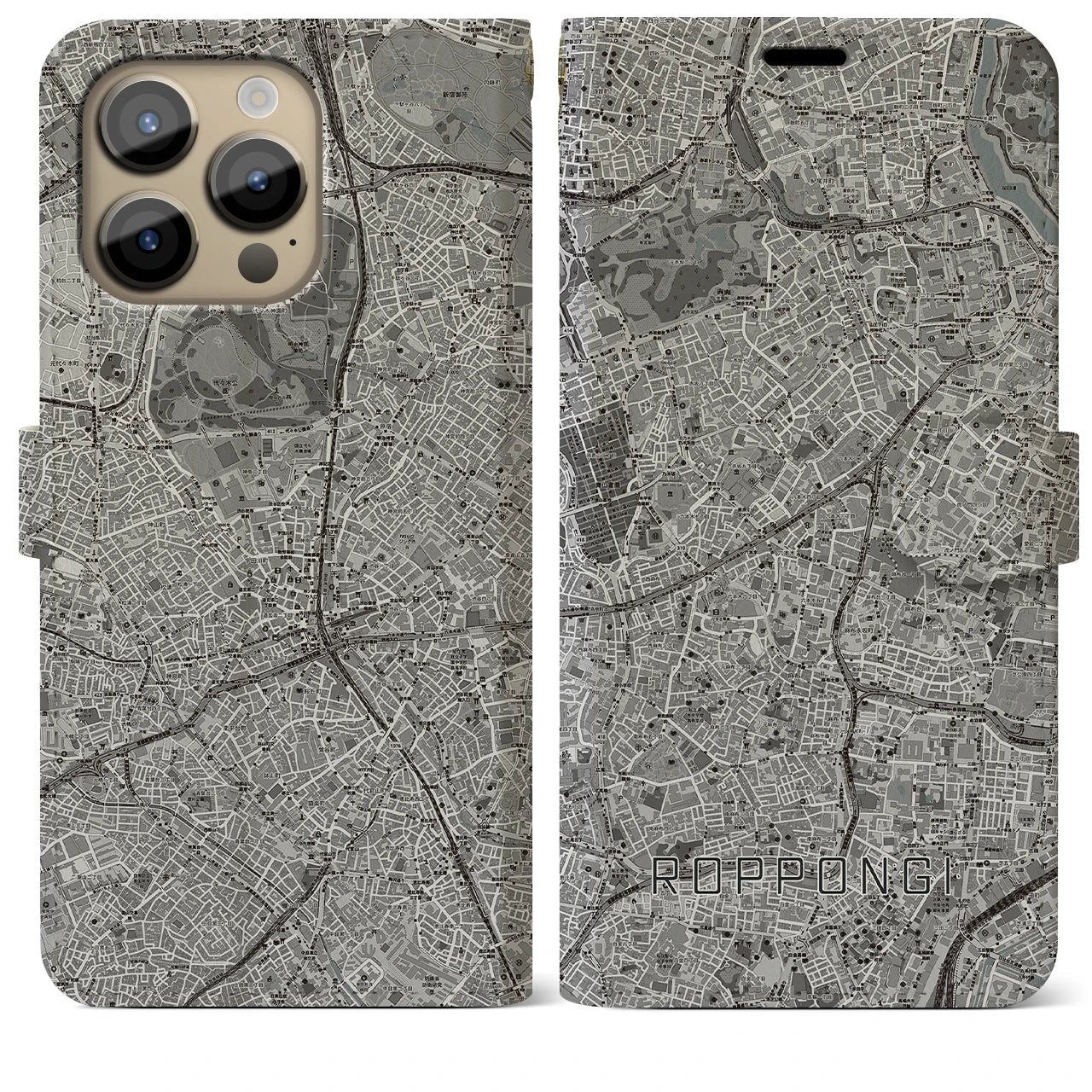 【六本木(東京都)】地図柄iPhoneケース(手帳タイプ)モノトーン・iPhone 14 Pro Max 用
