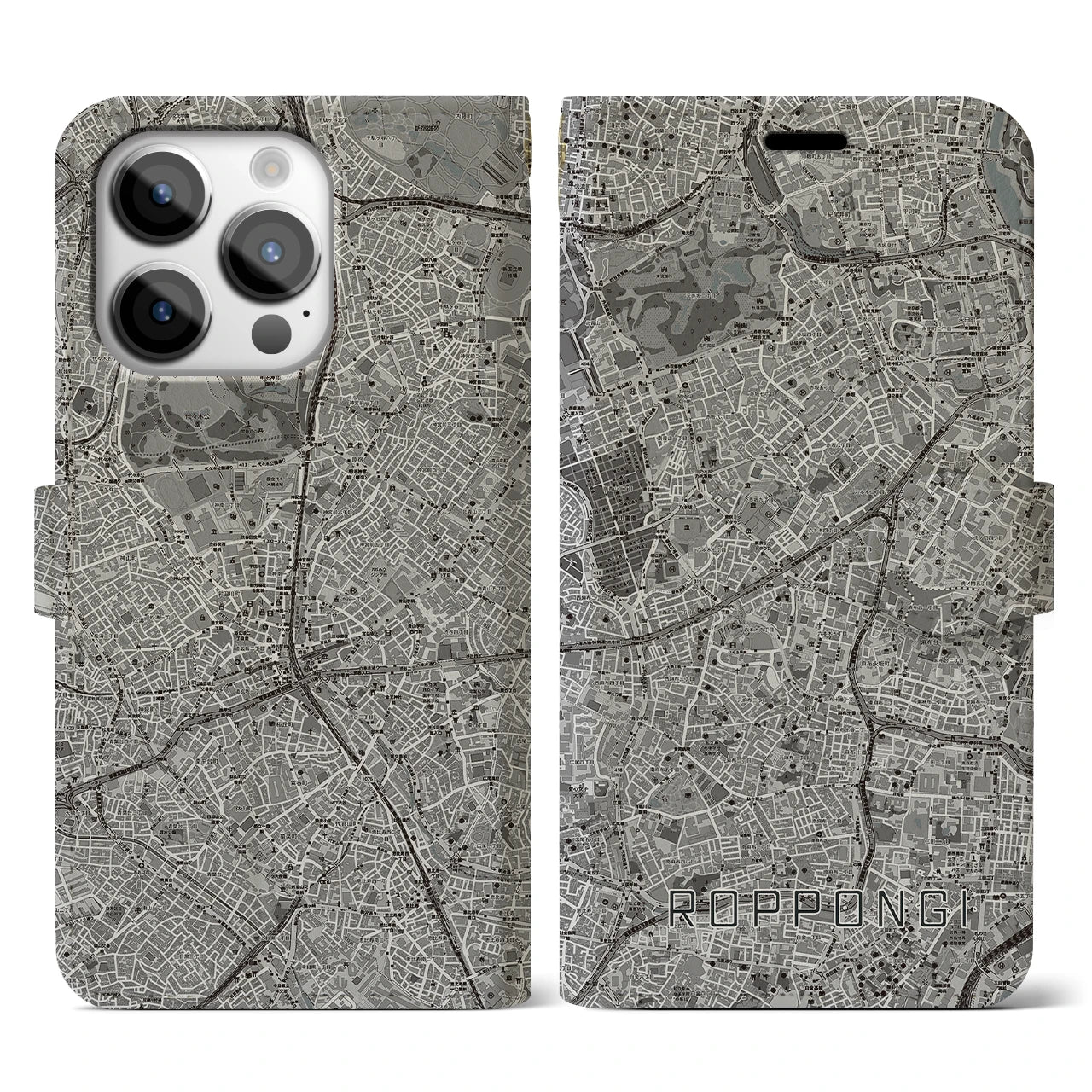 【六本木(東京都)】地図柄iPhoneケース(手帳タイプ)モノトーン・iPhone 14 Pro 用