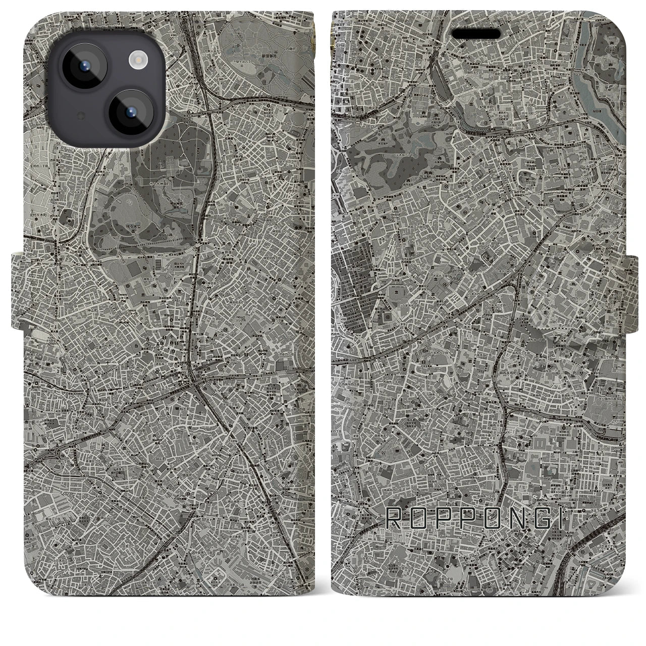 【六本木(東京都)】地図柄iPhoneケース(手帳タイプ)モノトーン・iPhone 14 Plus 用