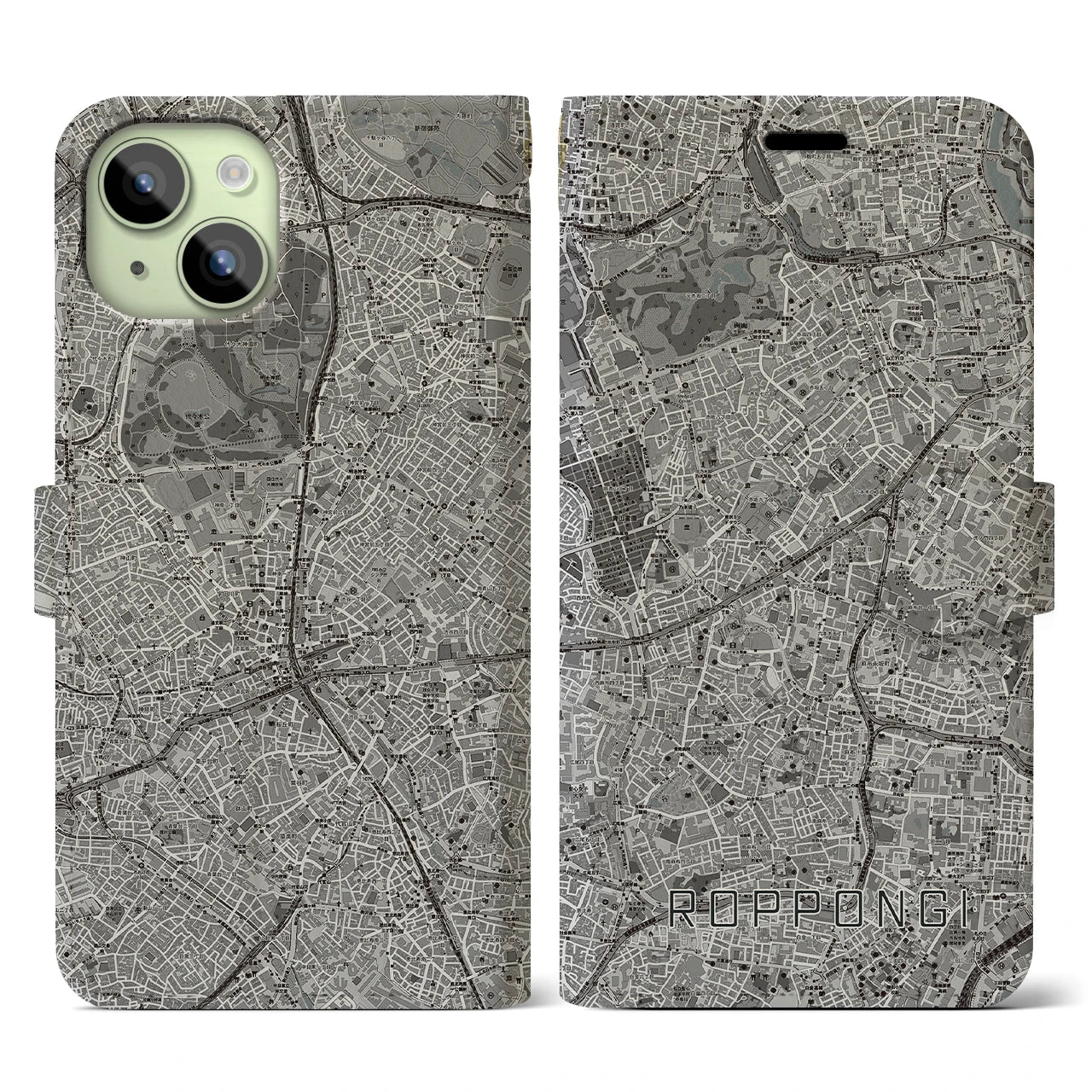 【六本木(東京都)】地図柄iPhoneケース(手帳タイプ)モノトーン・iPhone 15 用