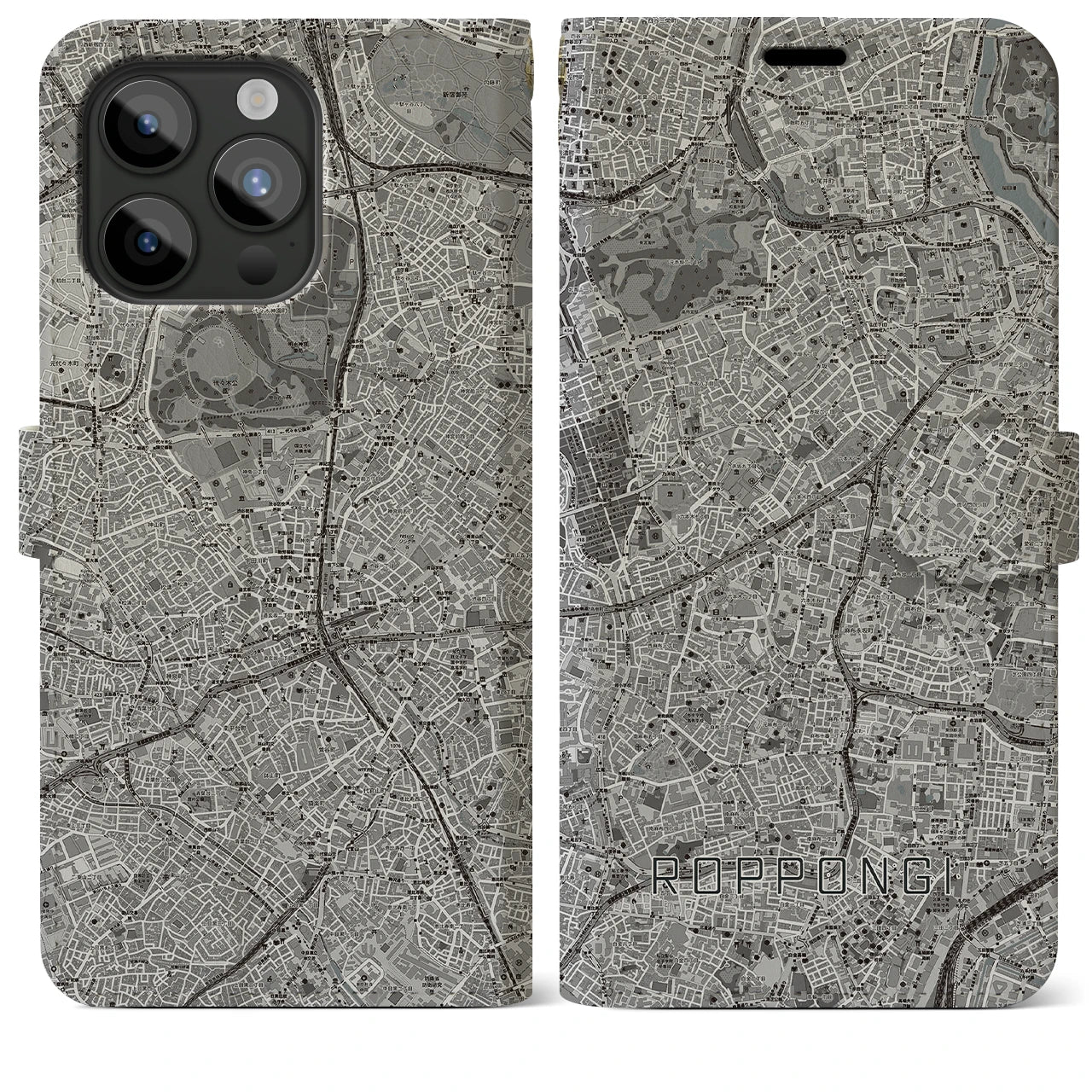 【六本木(東京都)】地図柄iPhoneケース(手帳タイプ)モノトーン・iPhone 15 Pro Max 用
