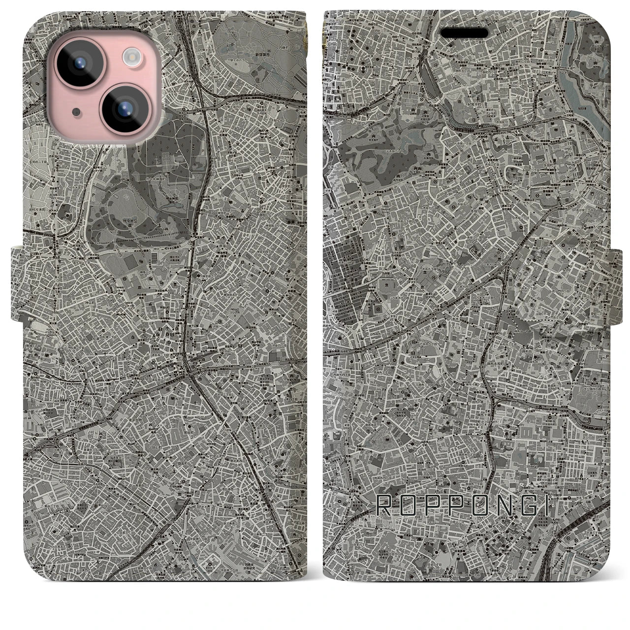 【六本木(東京都)】地図柄iPhoneケース(手帳タイプ)モノトーン・iPhone 15 Plus 用