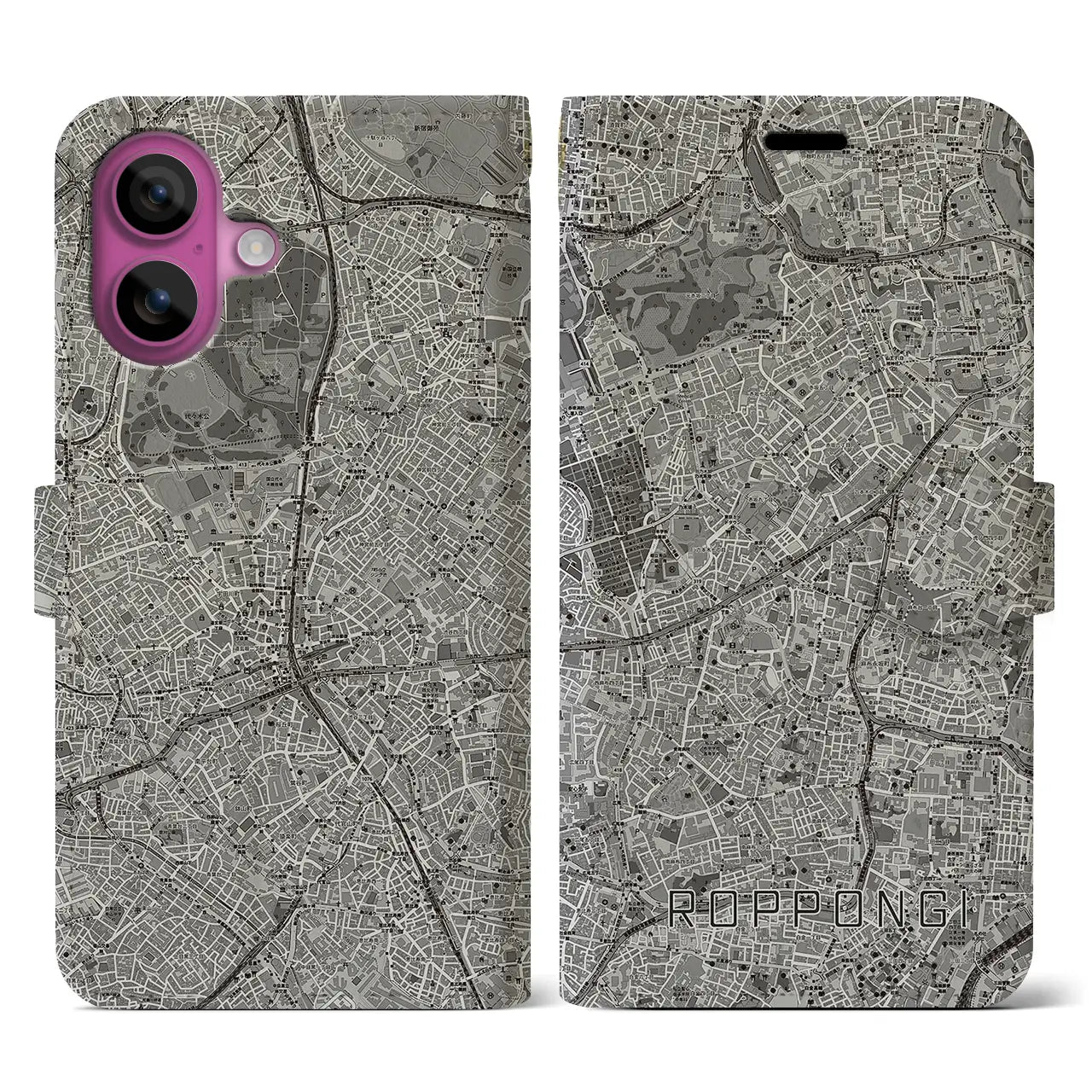 【六本木(東京都)】地図柄iPhoneケース(手帳タイプ)モノトーン・iPhone 16 Pro 用