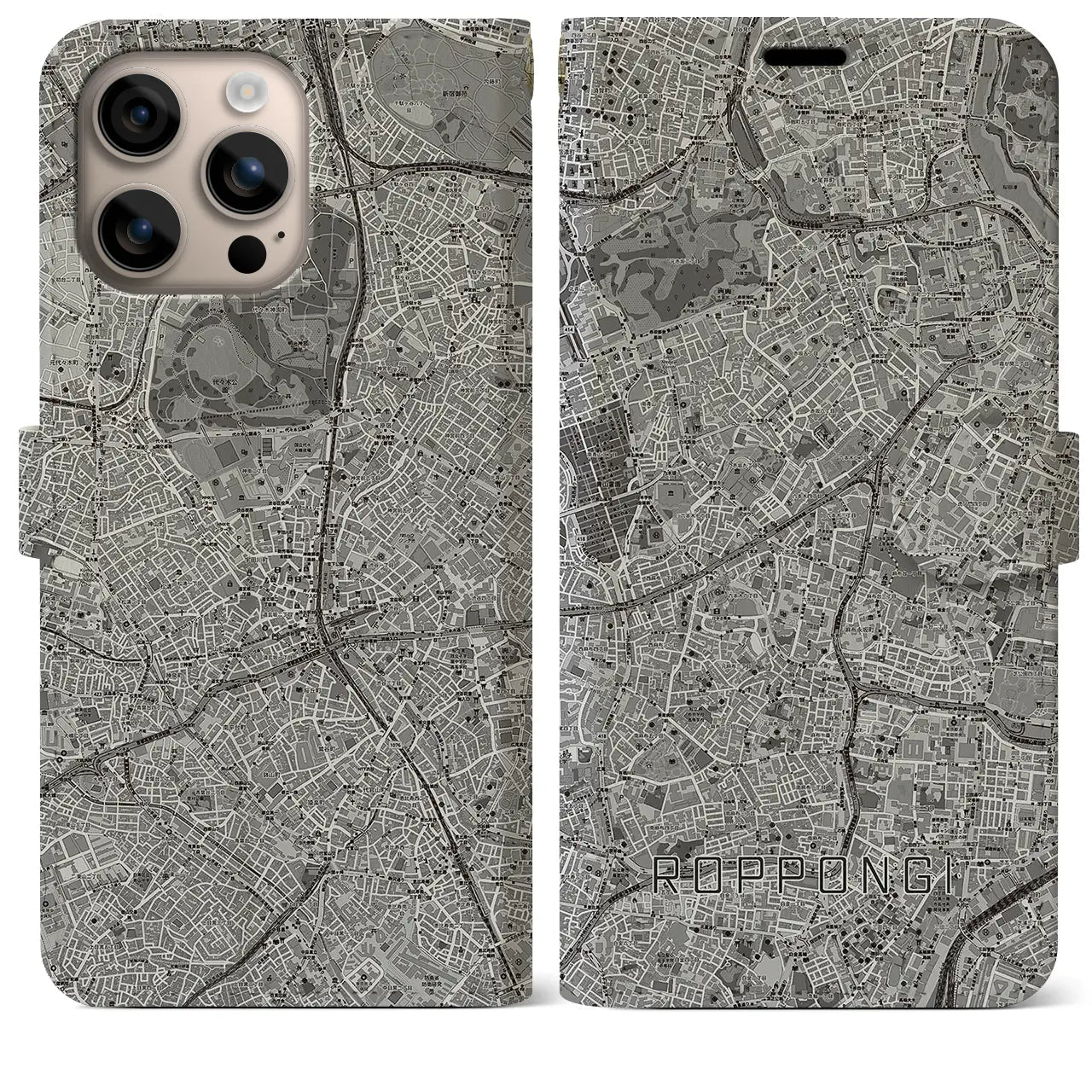 【六本木(東京都)】地図柄iPhoneケース(手帳タイプ)モノトーン・iPhone 16 Plus 用