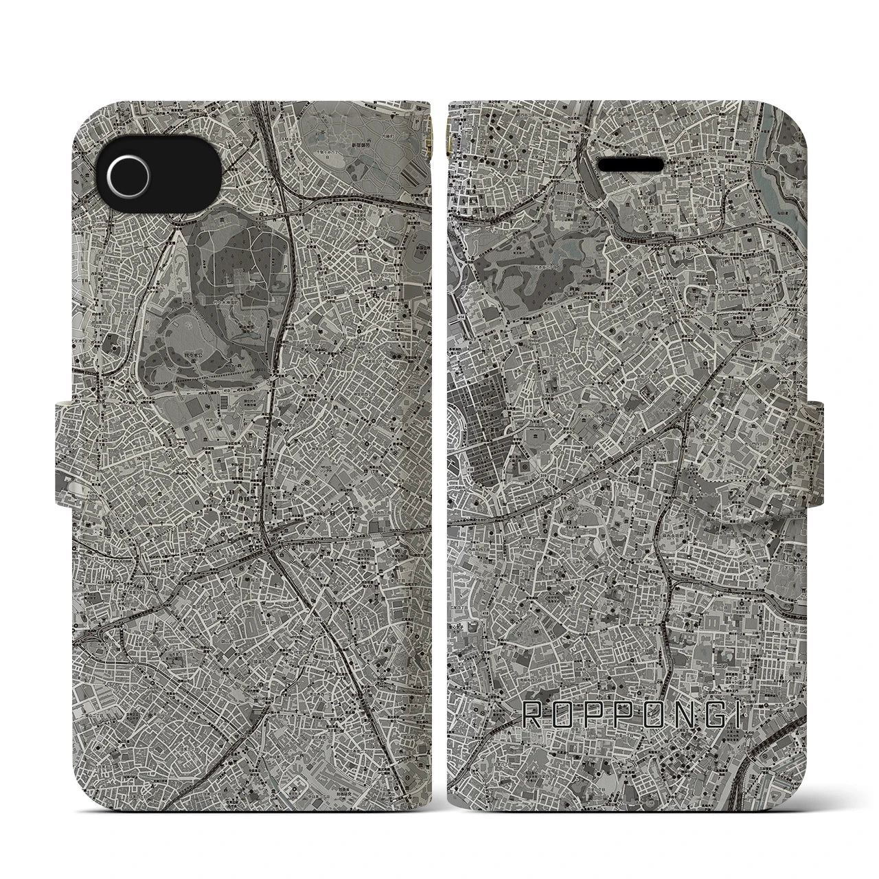 【六本木(東京都)】地図柄iPhoneケース(手帳タイプ)モノトーン・iPhone SE(第3 / 第2世代) / 8 / 7 / 6s / 6 用