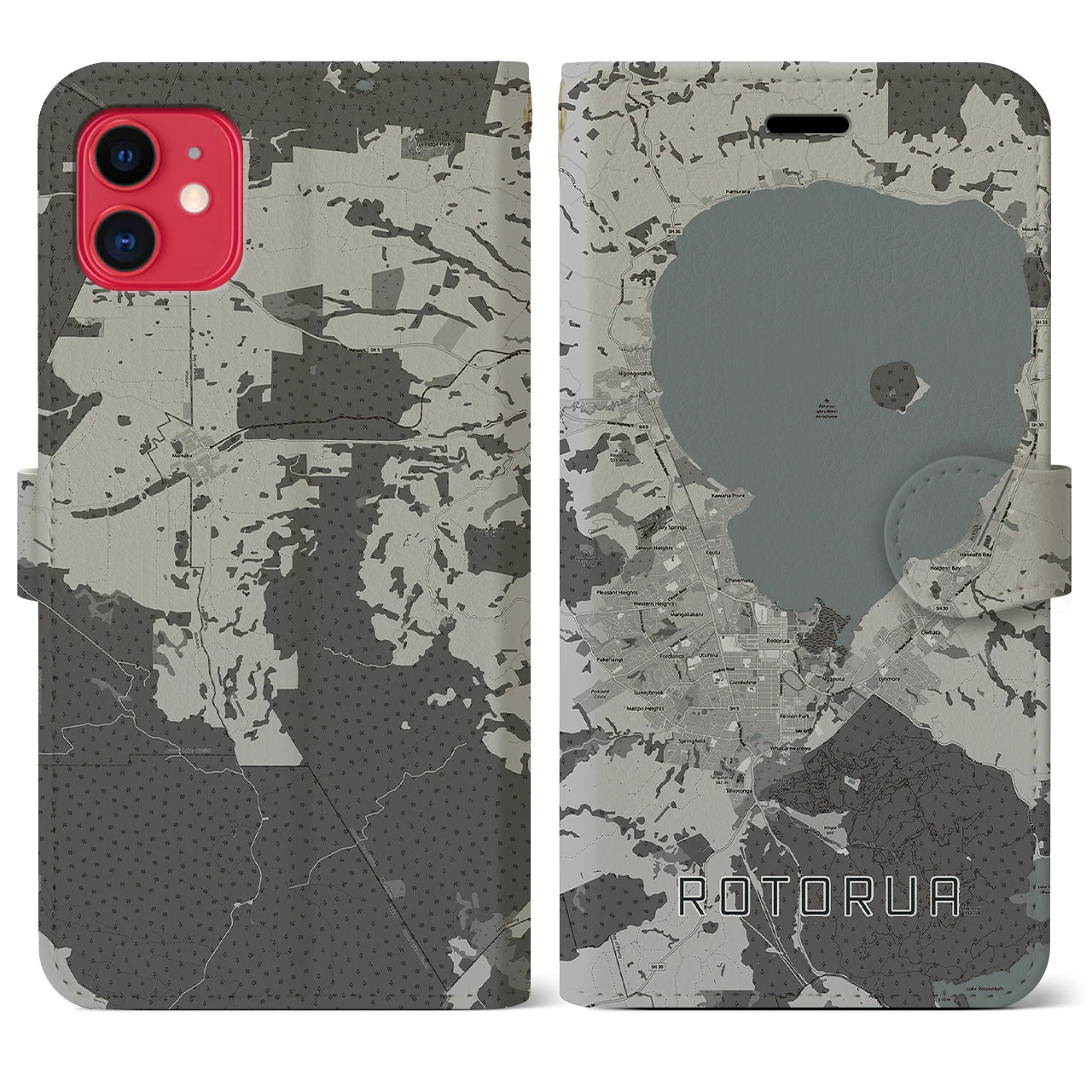 【ロトルア(ニュージーランド)】地図柄iPhoneケース(手帳タイプ)モノトーン・iPhone 11 用