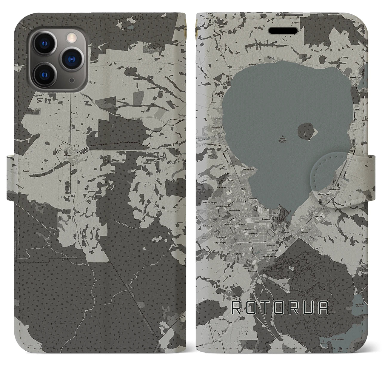 【ロトルア(ニュージーランド)】地図柄iPhoneケース(手帳タイプ)モノトーン・iPhone 11 Pro Max 用