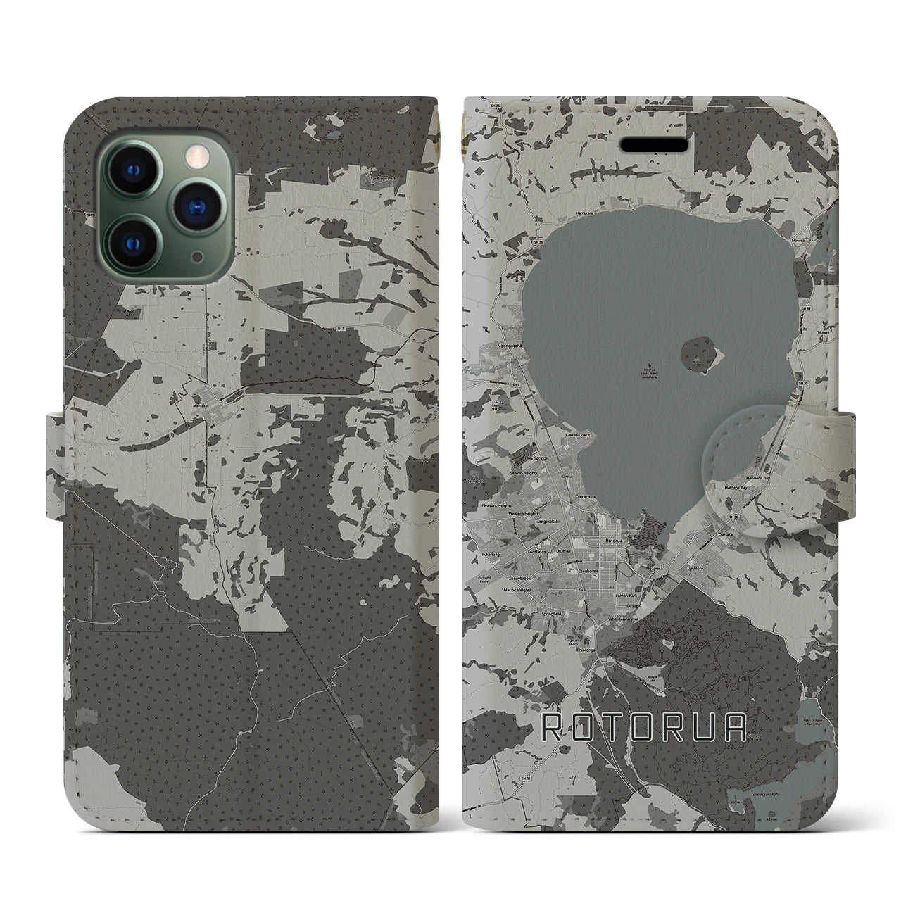 【ロトルア(ニュージーランド)】地図柄iPhoneケース(手帳タイプ)モノトーン・iPhone 11 Pro 用