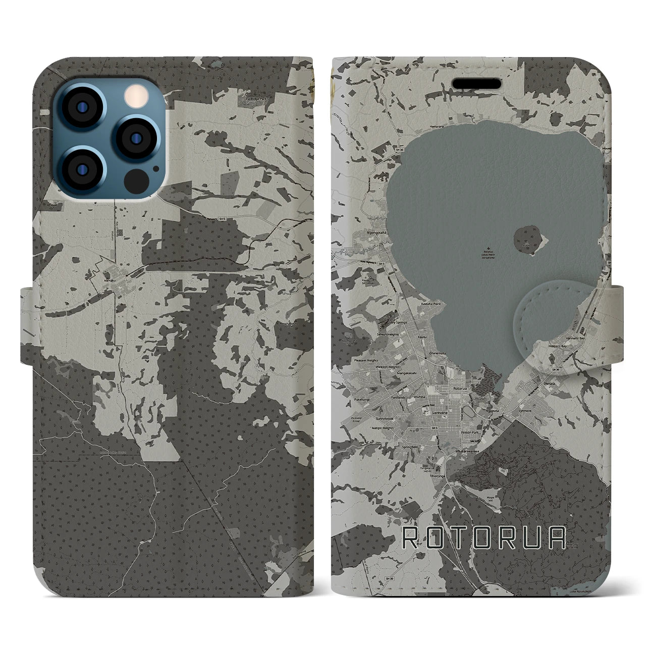 【ロトルア(ニュージーランド)】地図柄iPhoneケース(手帳タイプ)モノトーン・iPhone 12 / 12 Pro 用