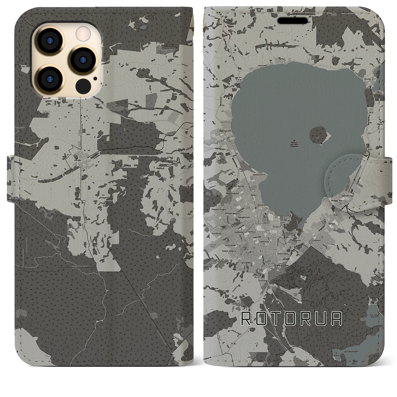 【ロトルア(ニュージーランド)】地図柄iPhoneケース(手帳タイプ)モノトーン・iPhone 12 Pro Max 用