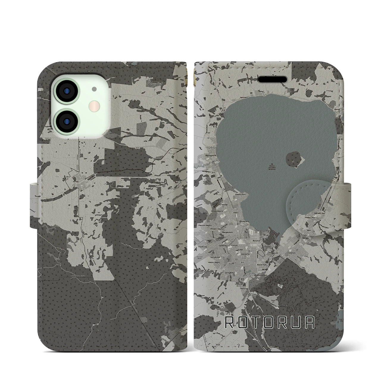 【ロトルア(ニュージーランド)】地図柄iPhoneケース(手帳タイプ)モノトーン・iPhone 12 mini 用