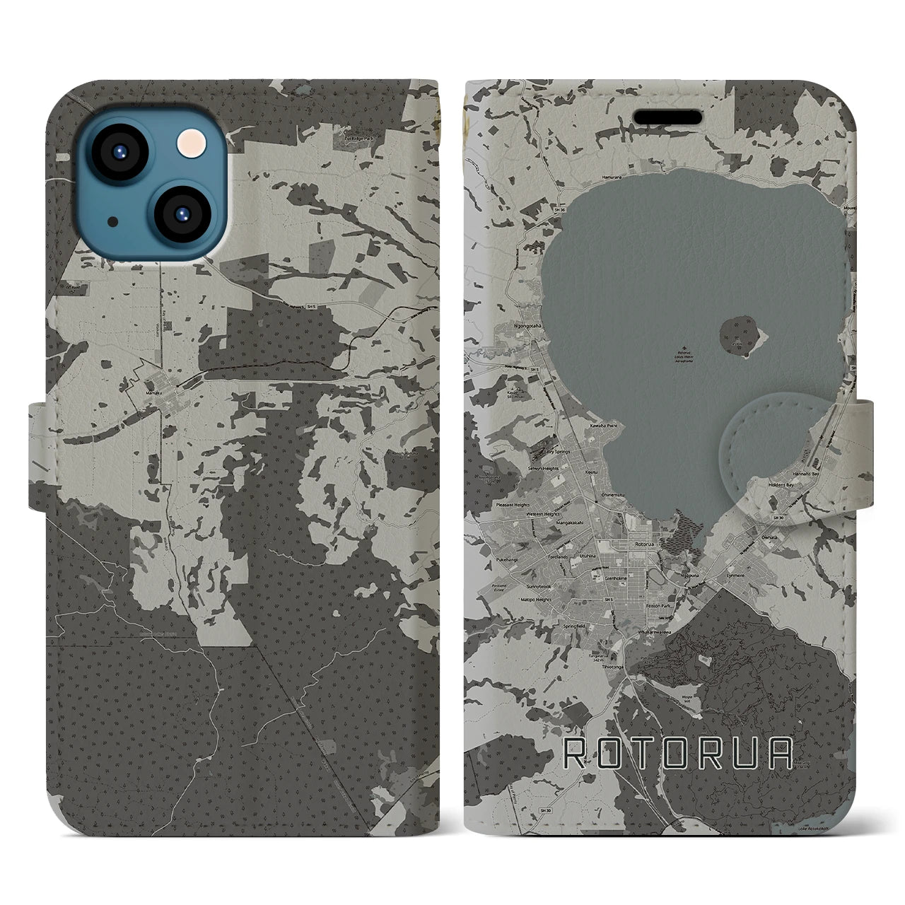 【ロトルア(ニュージーランド)】地図柄iPhoneケース(手帳タイプ)モノトーン・iPhone 13 用