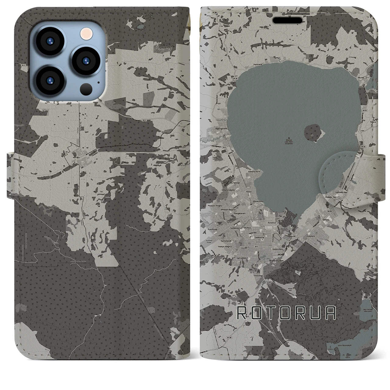 【ロトルア(ニュージーランド)】地図柄iPhoneケース(手帳タイプ)モノトーン・iPhone 13 Pro Max 用