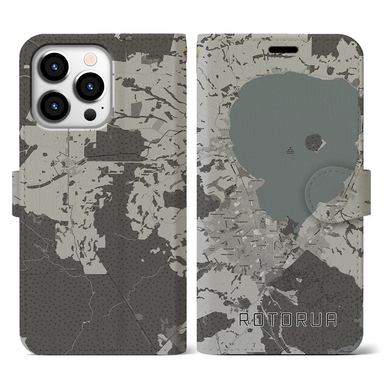 【ロトルア(ニュージーランド)】地図柄iPhoneケース(手帳タイプ)モノトーン・iPhone 13 Pro 用