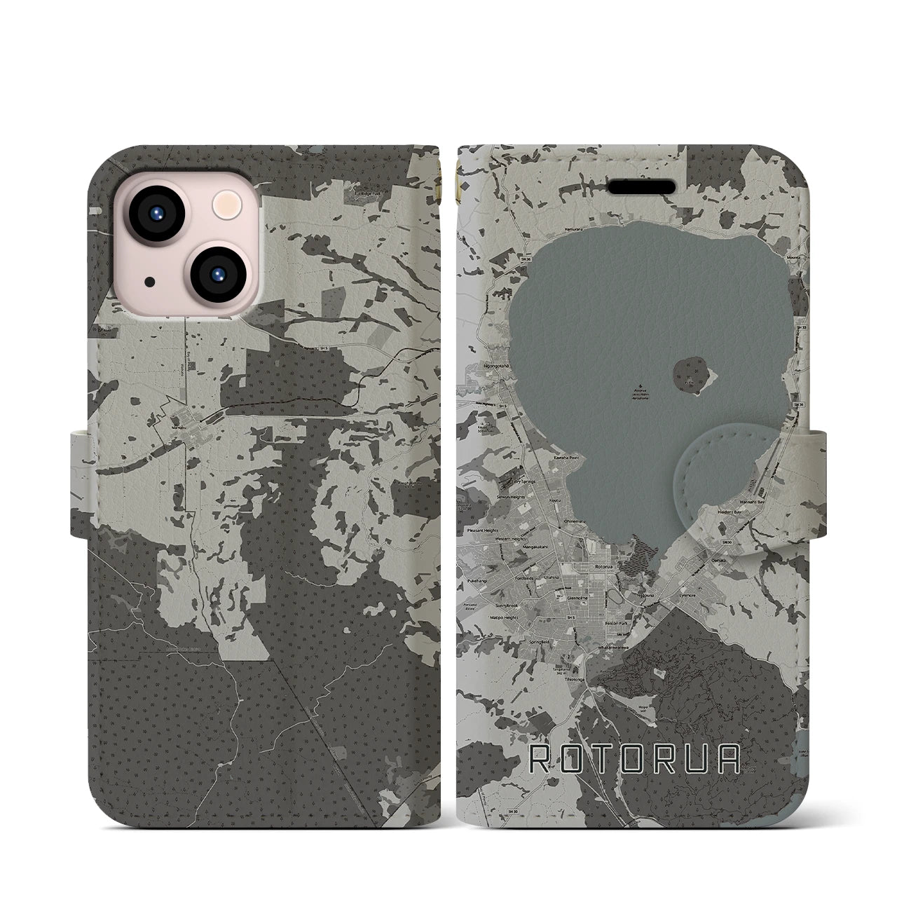 【ロトルア(ニュージーランド)】地図柄iPhoneケース(手帳タイプ)モノトーン・iPhone 13 mini 用