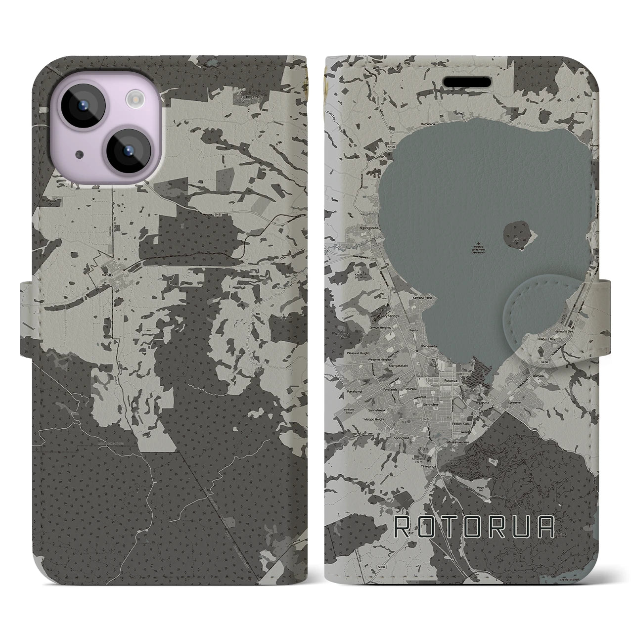 【ロトルア(ニュージーランド)】地図柄iPhoneケース(手帳タイプ)モノトーン・iPhone 14 用