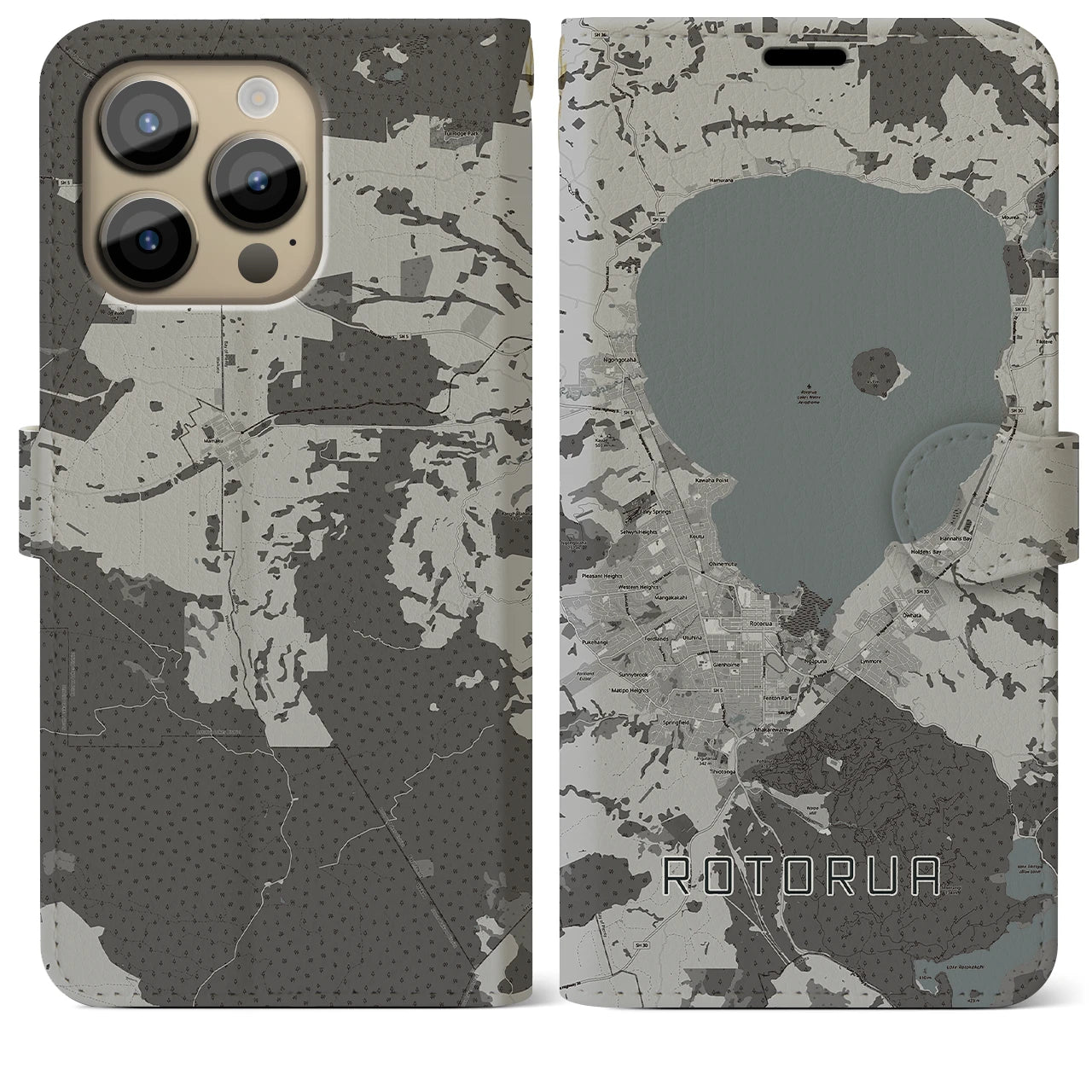 【ロトルア(ニュージーランド)】地図柄iPhoneケース(手帳タイプ)モノトーン・iPhone 14 Pro Max 用